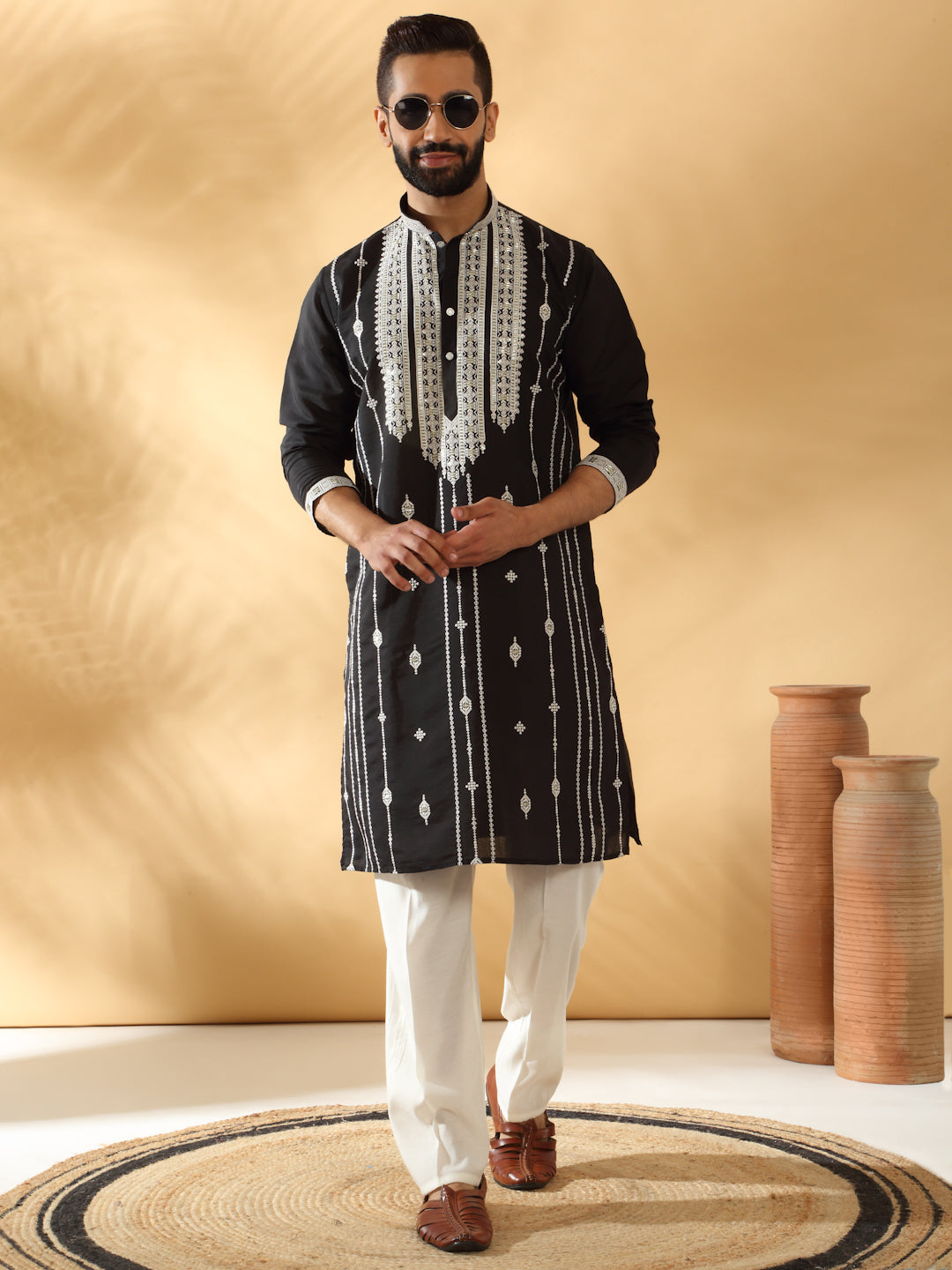 LUXE- Cotton Silk Beads Work Zari Embroidered Sequin Kurta With Cotton Silk Trouser Pant set