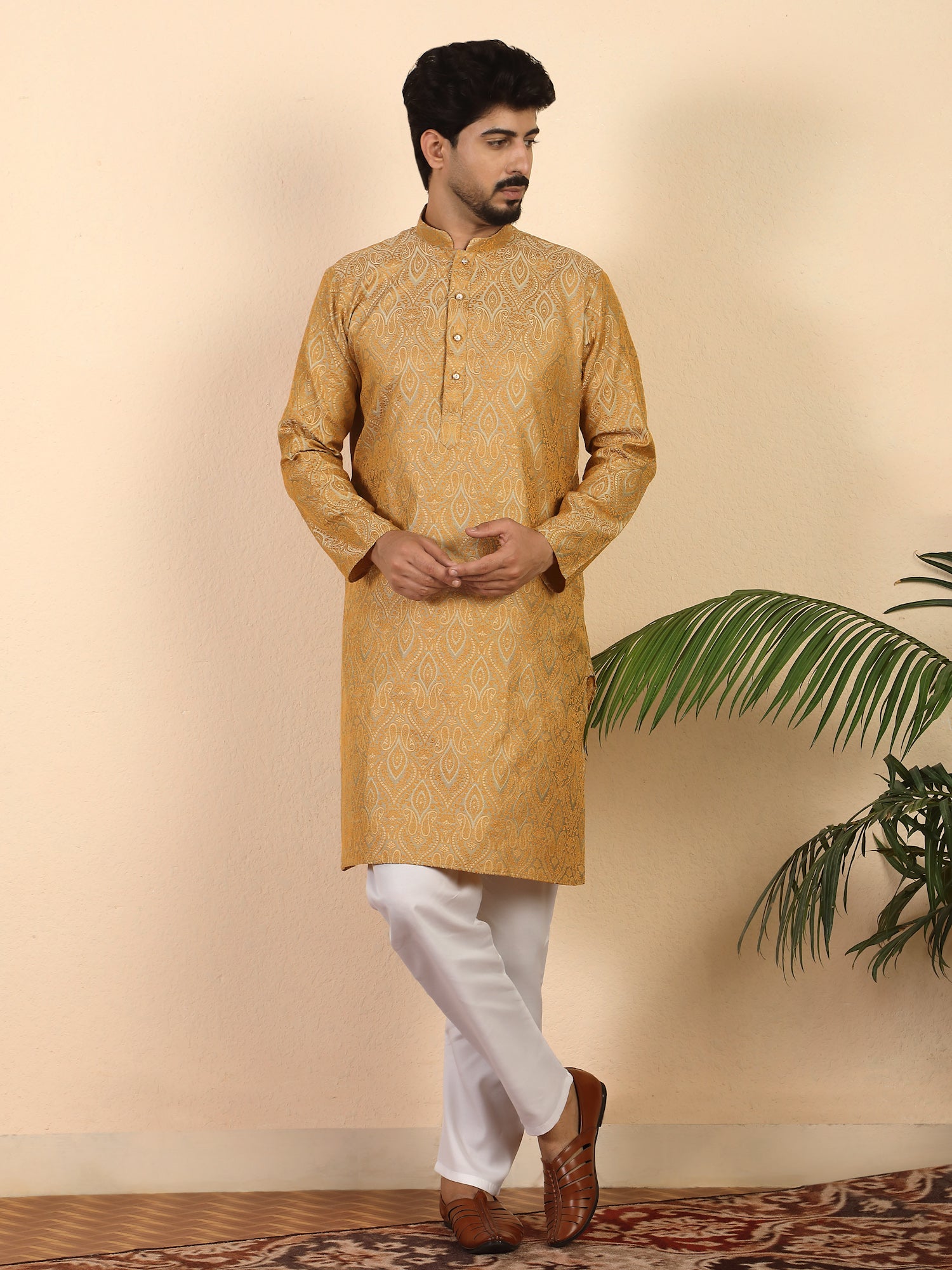 Men's Premium Jacquard fabric Paisley Designed Beige Long Kurta