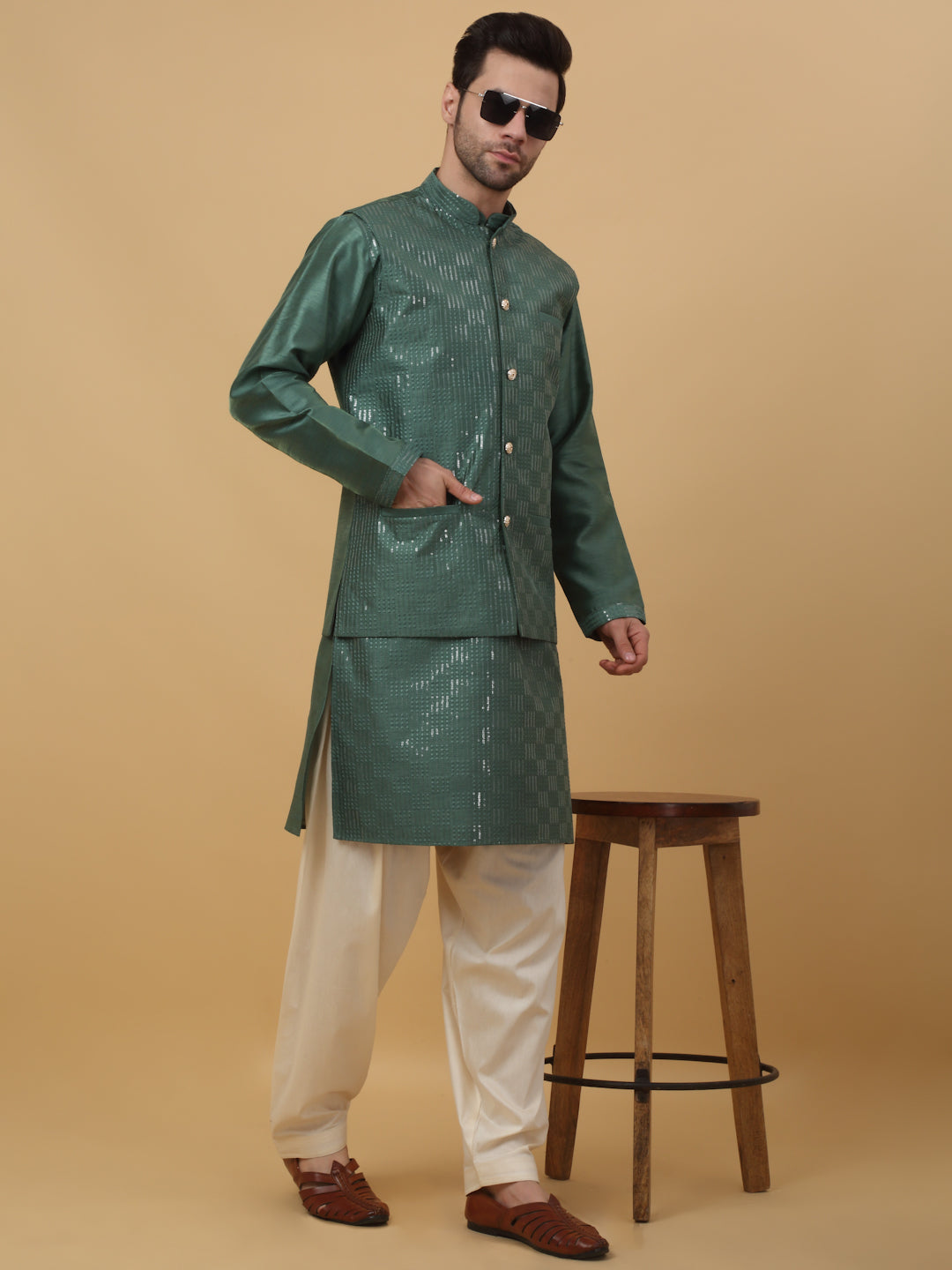 KRAFT INDIA Men's Cotton Silk Sequenced Embroided Kurta and Beige Salwar with Cotton Silk Embroided Sequenced Nehru Jacket Set