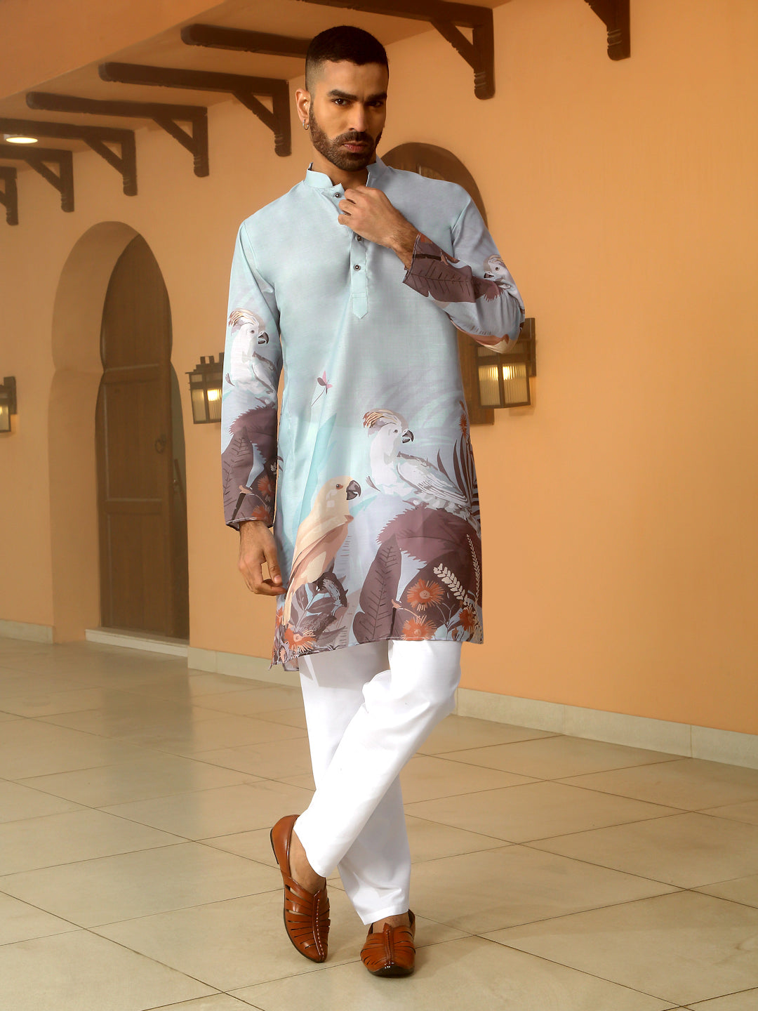 Animal Print Cotton Straight Beige Kurta With White Elastic Waistband Pyjama Set
