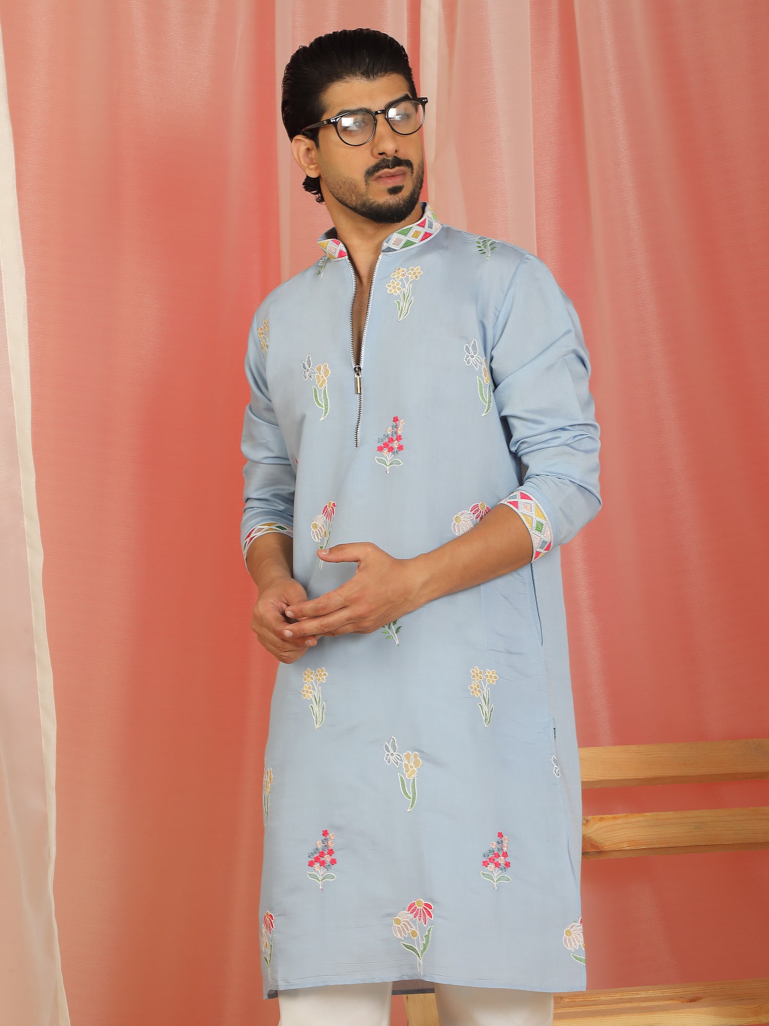 Men Cotton Silk Floral Embroidered Zip Closure Kurta