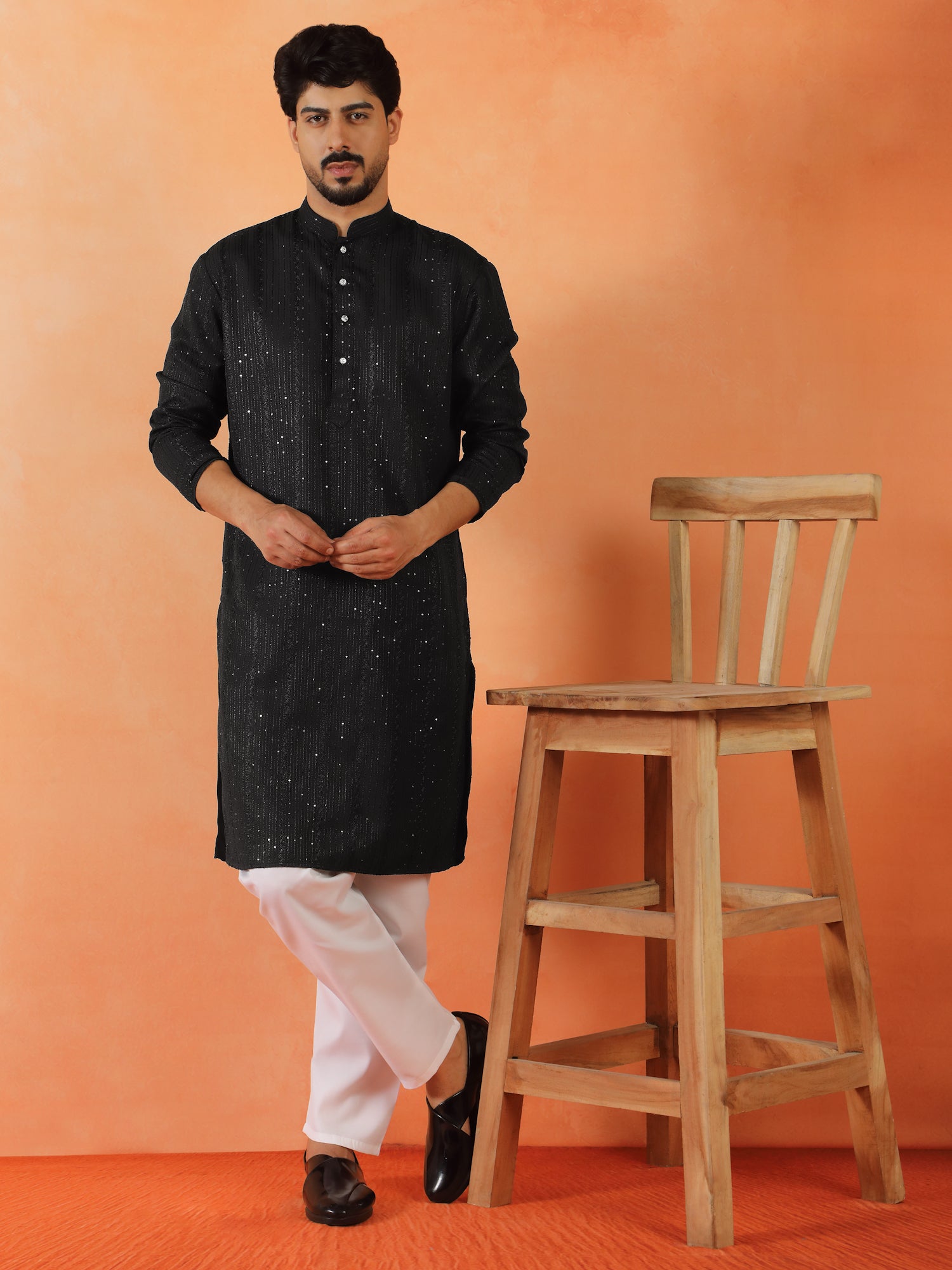 Men Sequenced thread work Designed Cotton Silk Straight Long Kurta