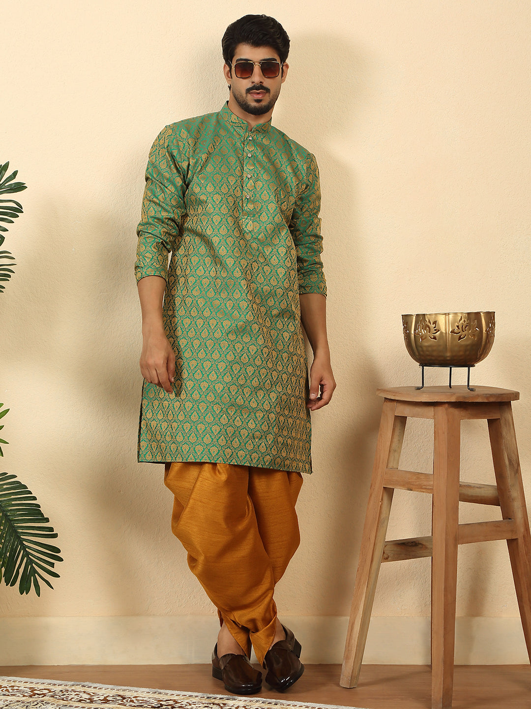 Silk Blend Jacquard Paisley Kurta With Mustard Elastic Waistband Dhoti Set