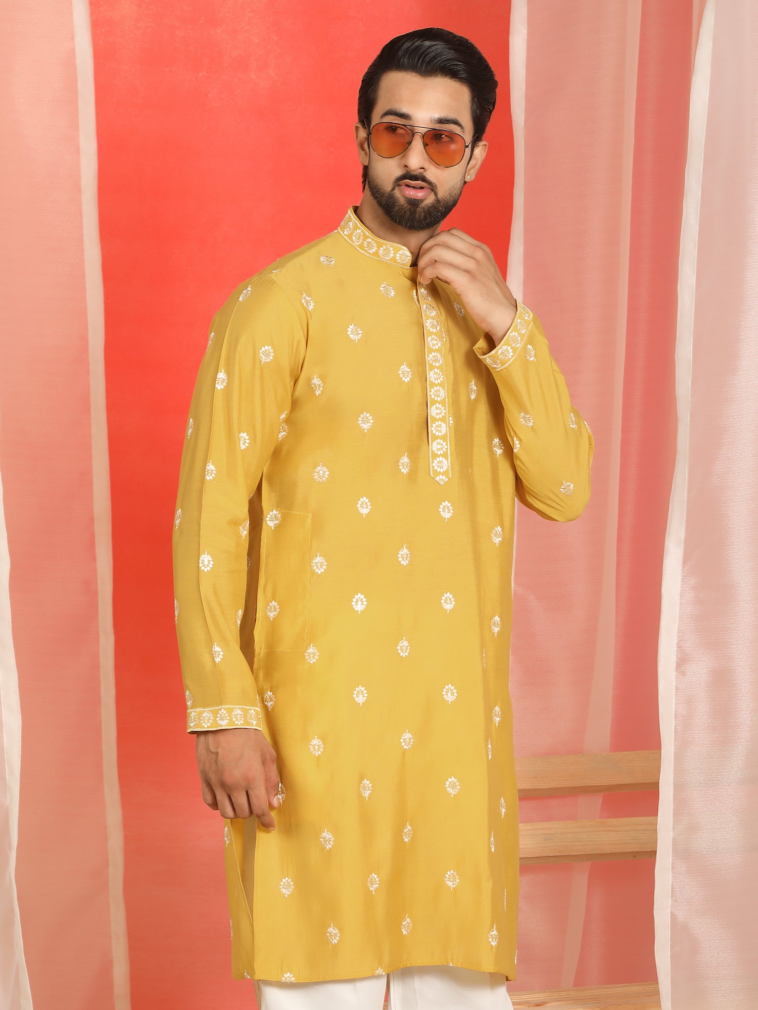 Men Cotton Silk Floral Embroidered Kurta