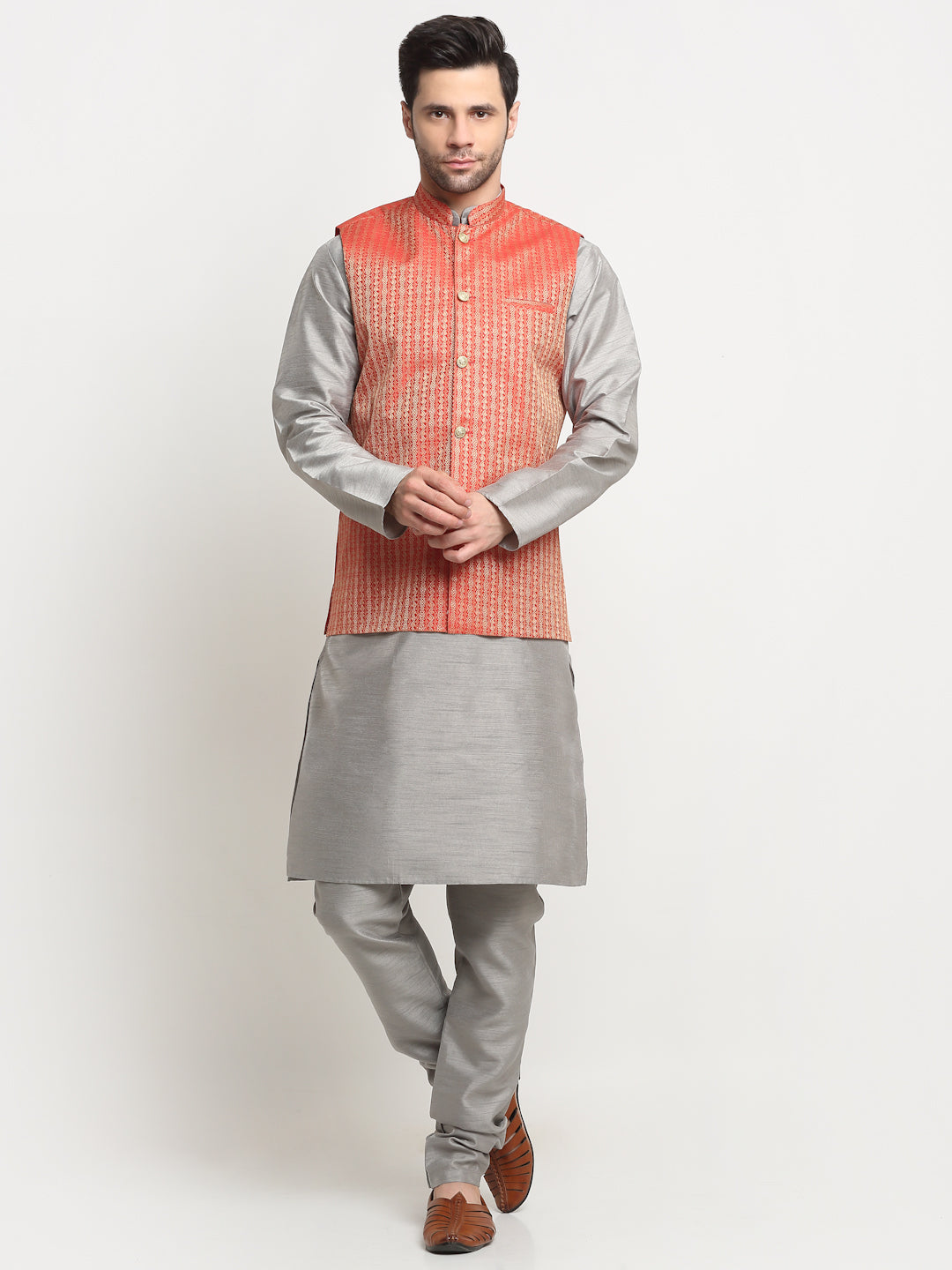 KRAFT INDIA Men's Silk Silver Kurta Churidar with Nehru Jacket Set