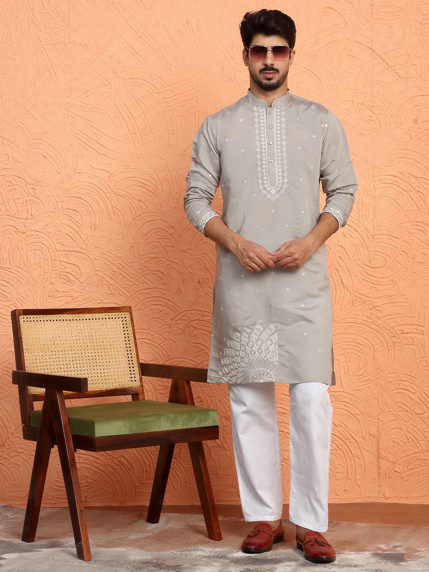 LUXE- Men's Cotton Silk Yoke Design Placement Embroidered Kurta Trouser Set