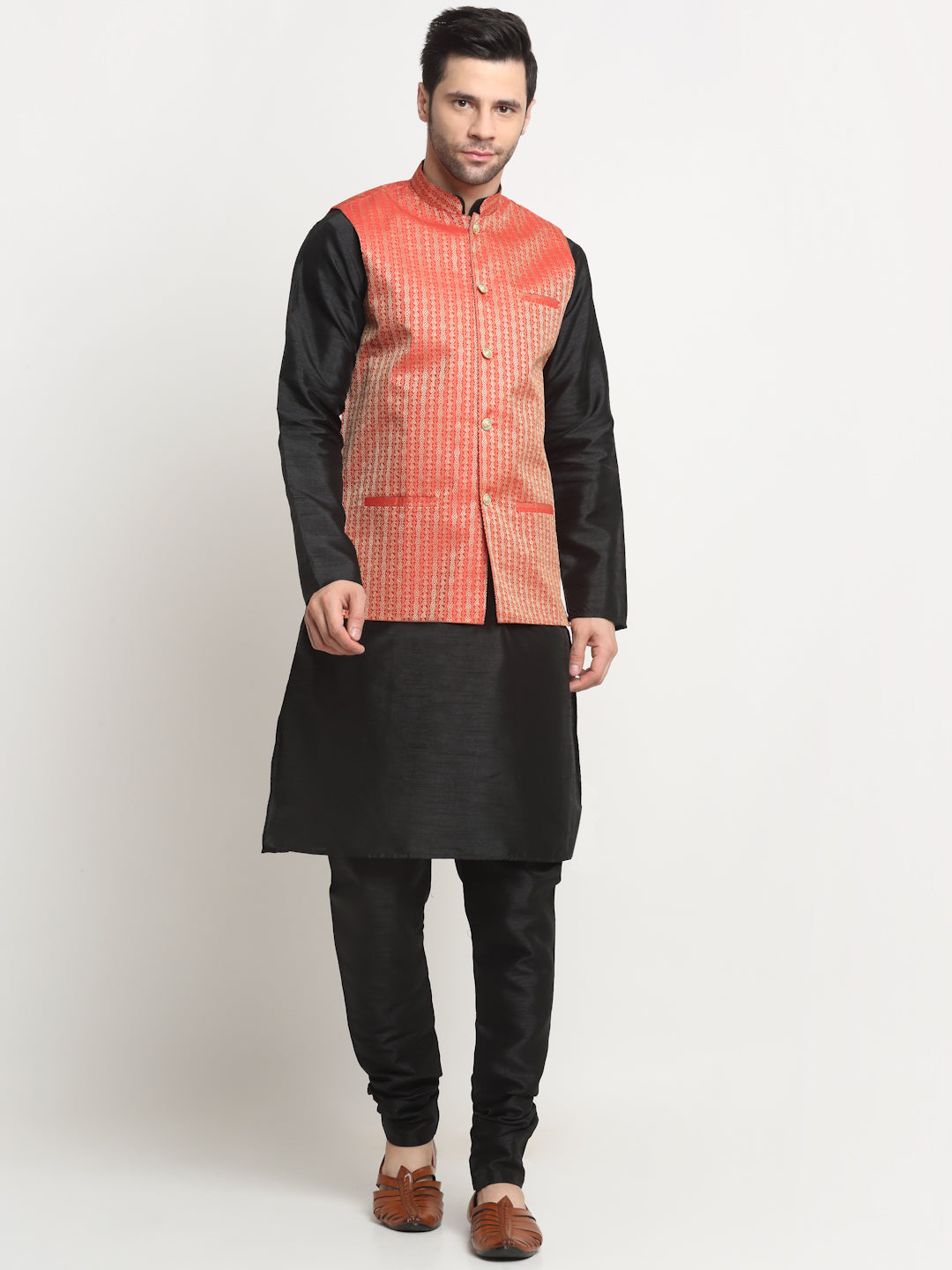 KRAFT INDIA Men's Silk Black Kurta Churidar with Nehru Jacket Set