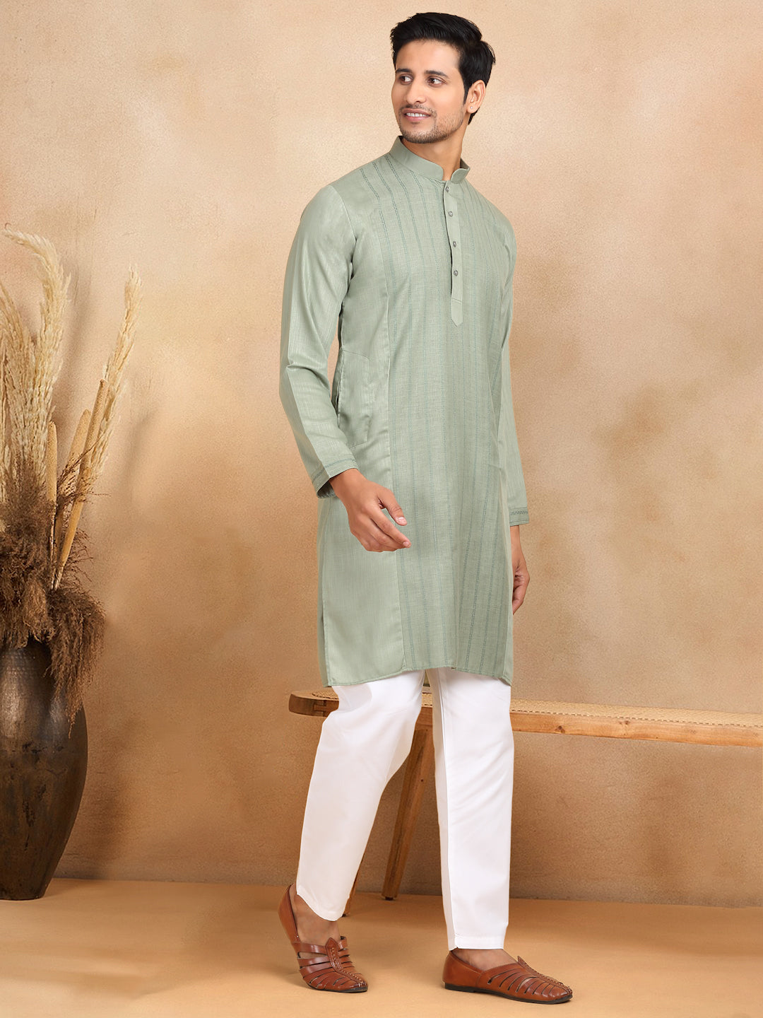 KRAFT INDIA Men's Regular Cotton Striped Mandarin Collar Long Sleeve Kurta Pyjama Set