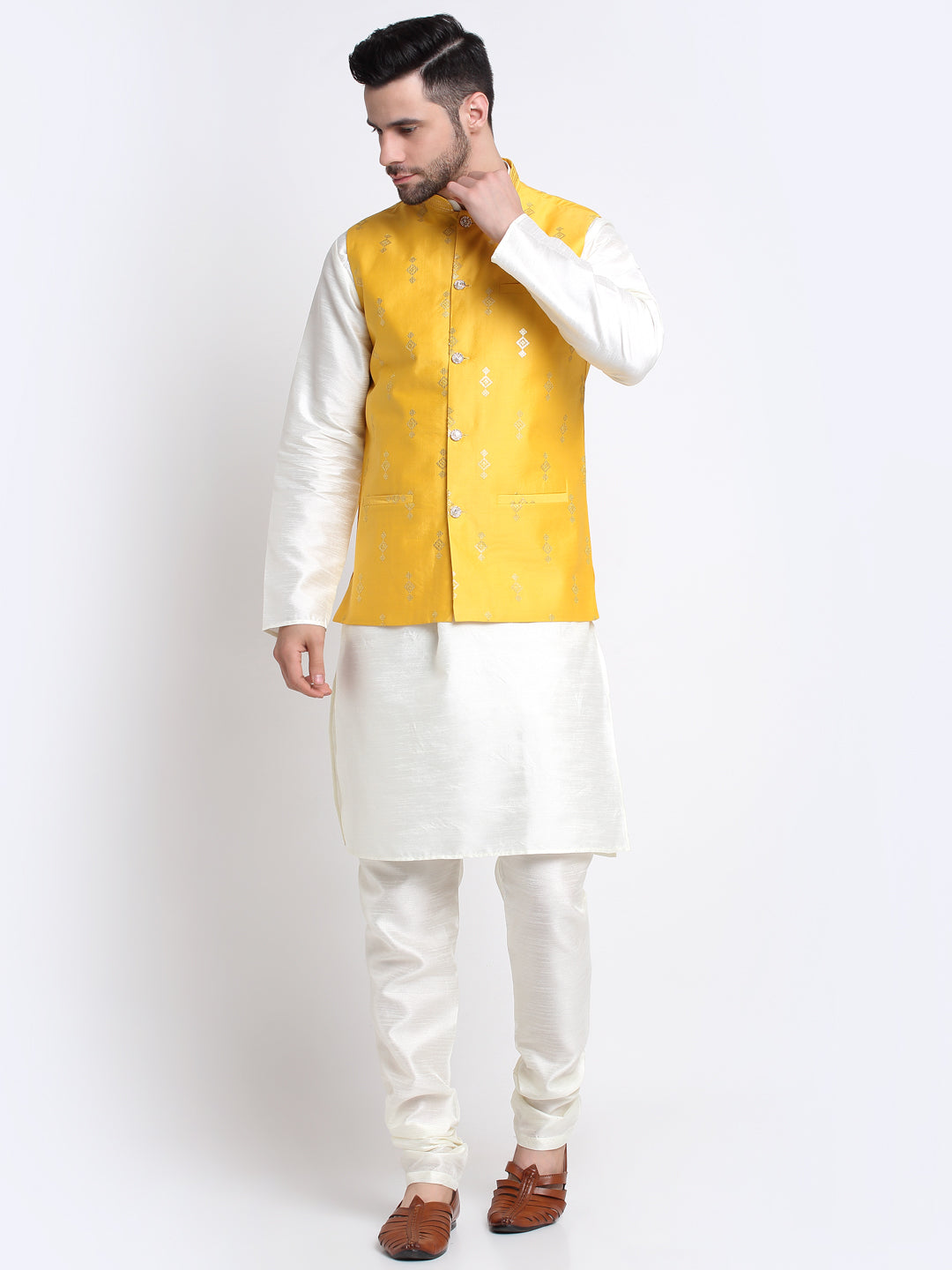 KRAFT INDIA Men Cream Silk Kurta & Churidar With Sequenced Nehru Jacket