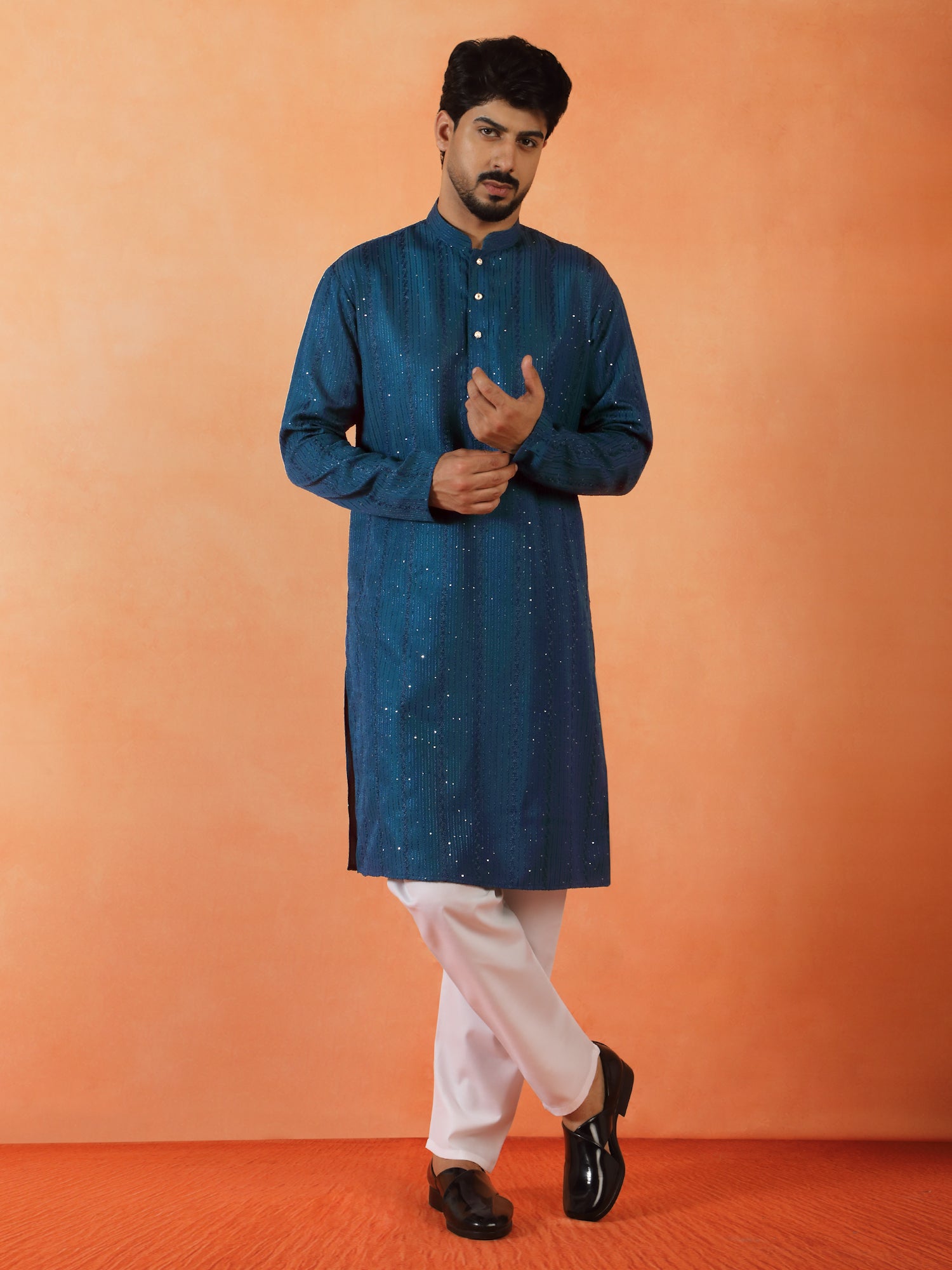 Men Sequenced thread work Designed Cotton Silk Straight Long Kurta