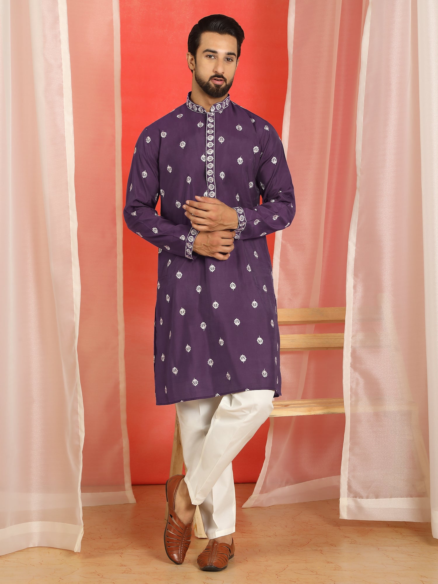 Men Yellow Cotton Silk Floral Embroidered Straight Kurta with Trouser Set