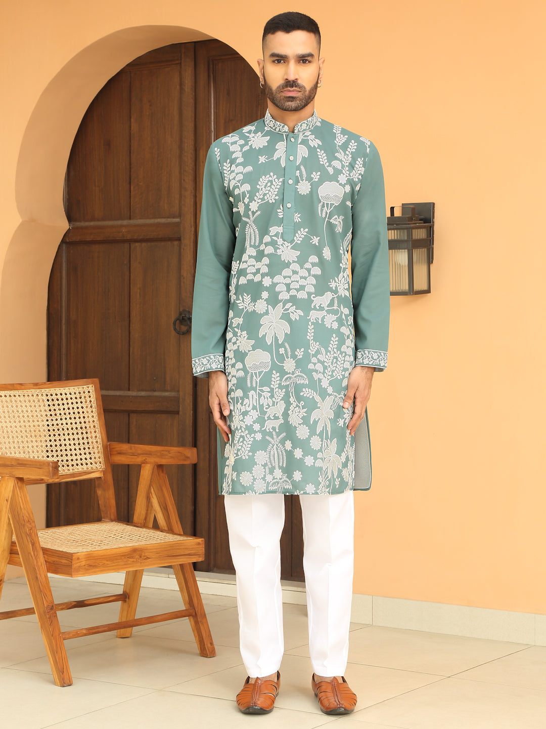 LUXE- Heavy White Embroidered Work Ethnic Motifs Georgette Kurta with White Trouser Pant