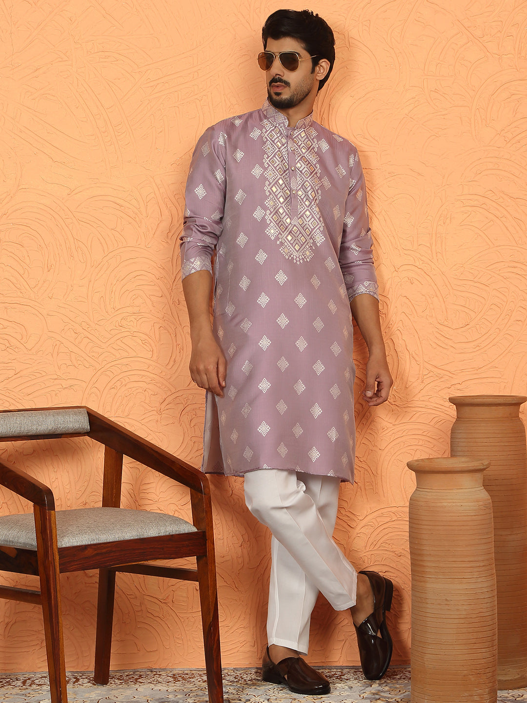 Men’s Silk Jacquard Embroidered Woven Design Straight Kurta