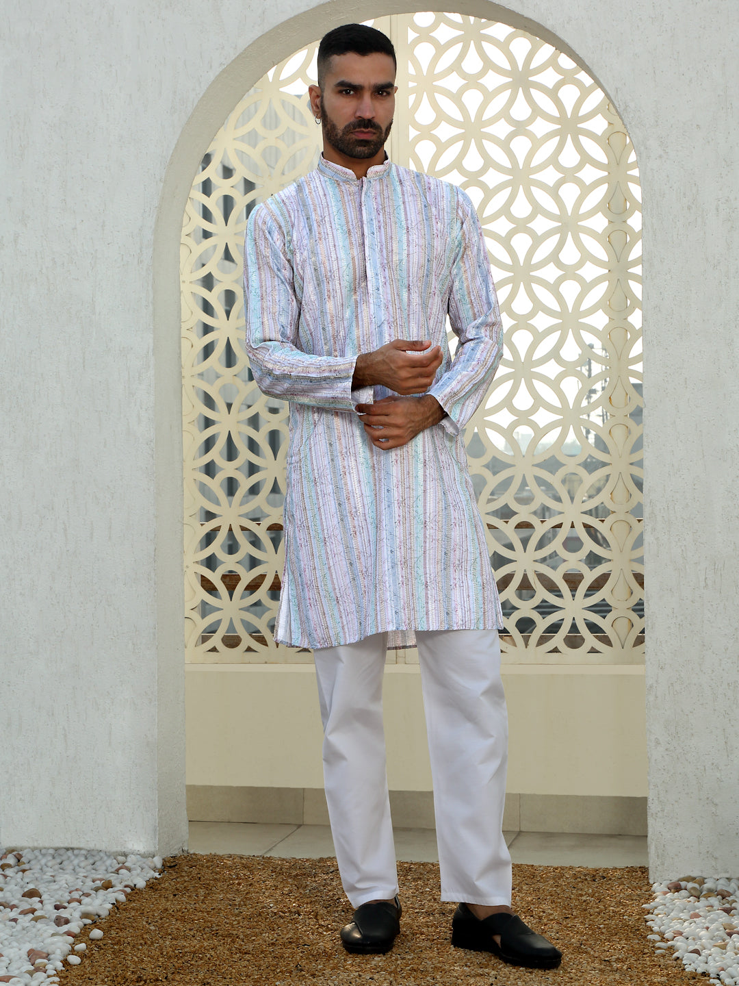 Cotton Zari Embroidered Chikan Floral Print Kurta with white Elastic waistband Pyjama set