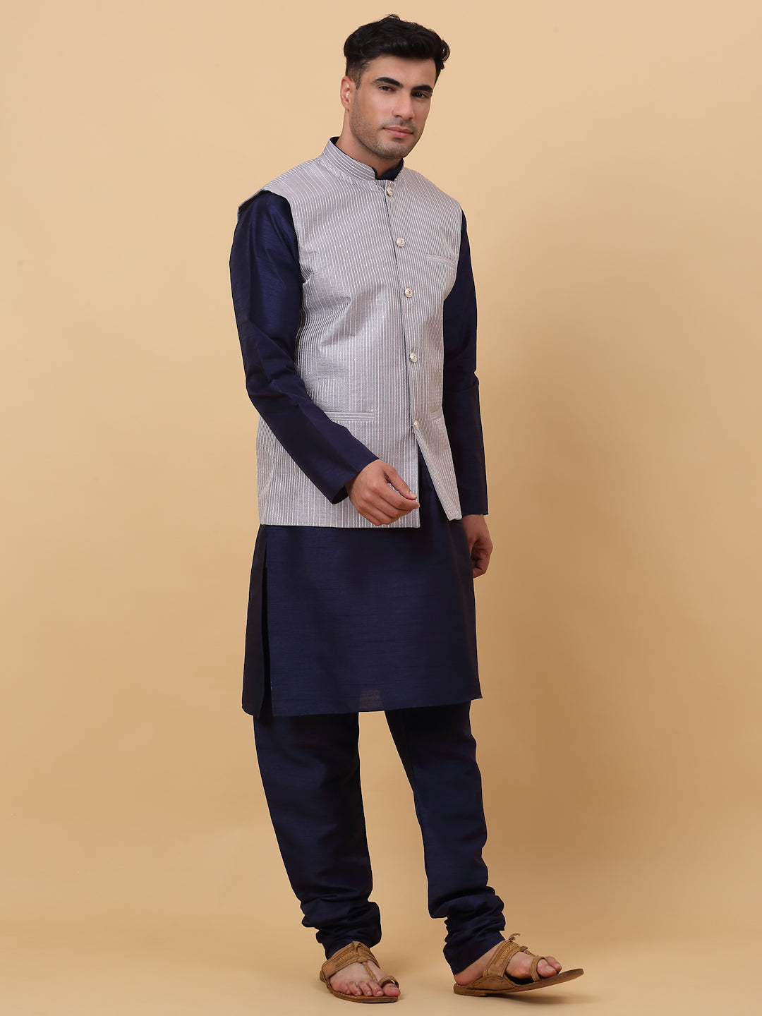 Men Navy Blue Silk Blend Kurta, Churidar With SIlk Striped Nehru Jacket
