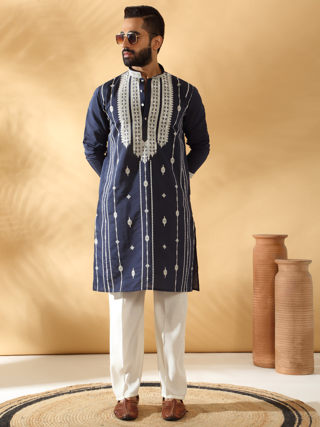 LUXE- Cotton Silk Beads Work Zari Embroidered Sequin Kurta With Cotton Silk Trouser Pant set