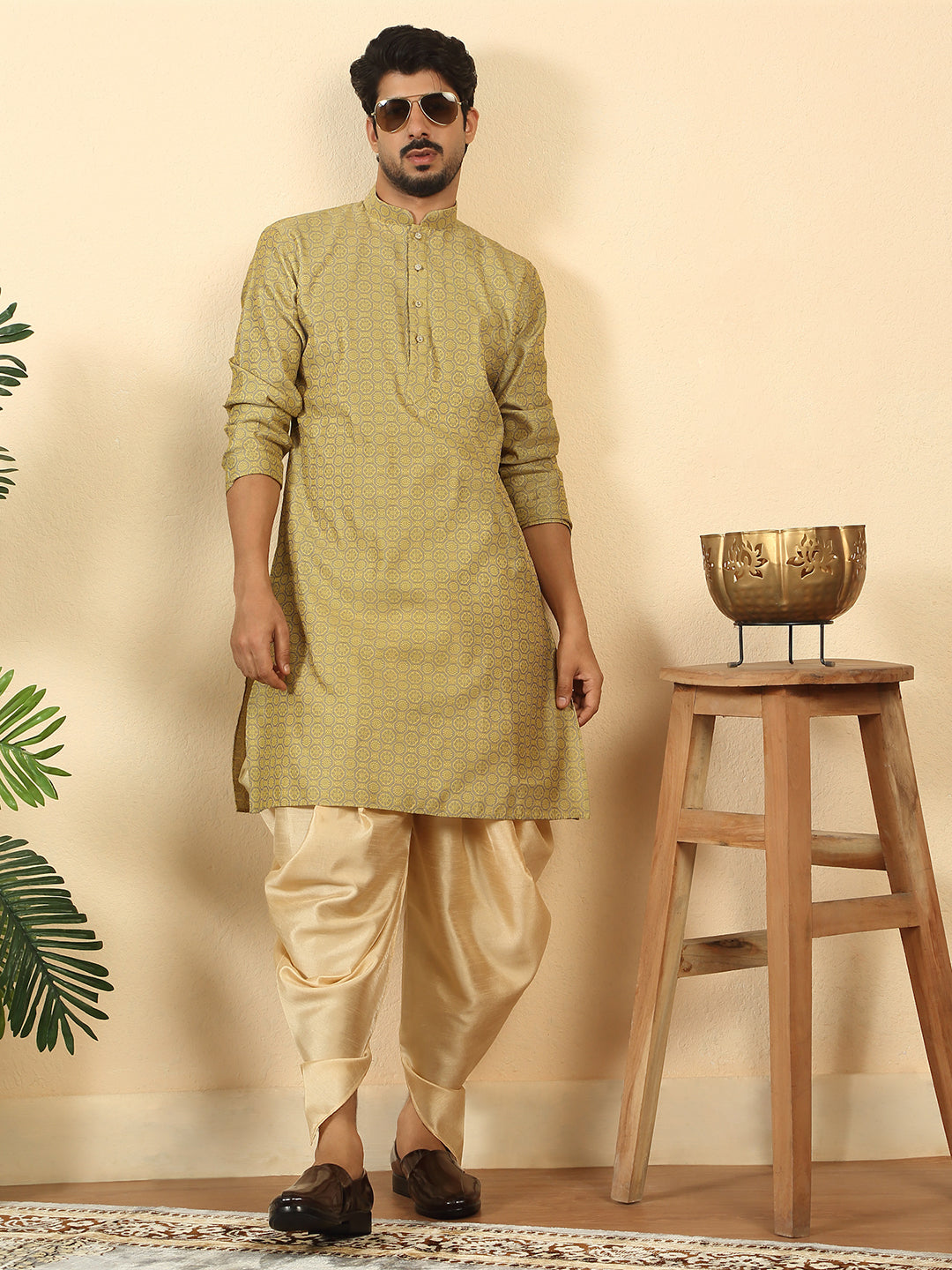 Silk Blend Jacquard Geometric Woven Design Kurta With Beige Elastic Waistband Dhoti Set