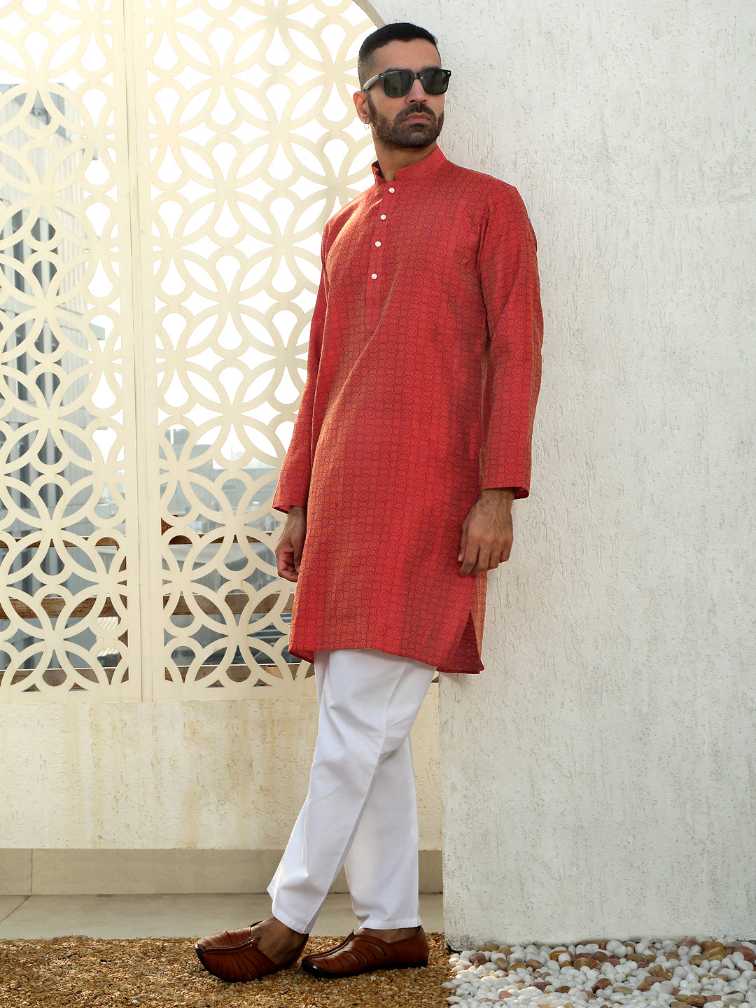 Silk Jacquard Kurta With White Elastic Waistband Pyjama set