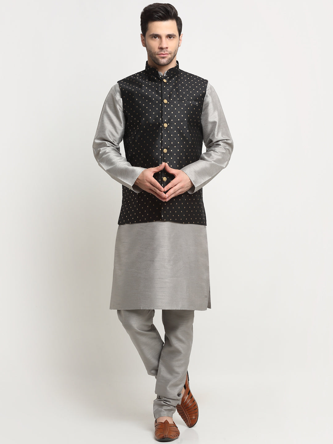 KRAFT INDIA Men's Silk Silver Kurta Churidar With Black Polka Dotted Nehru Jacket Set