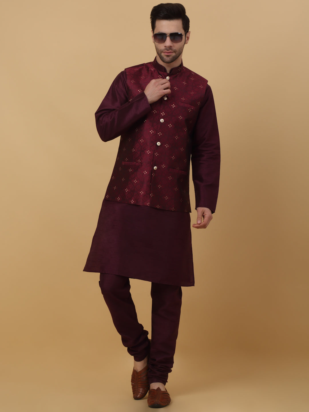 KRAFT INDIA Men's Silk Blend Purple Kurta, Churidar with Jacquard Silk Blend Floral Nehru Jacket Set