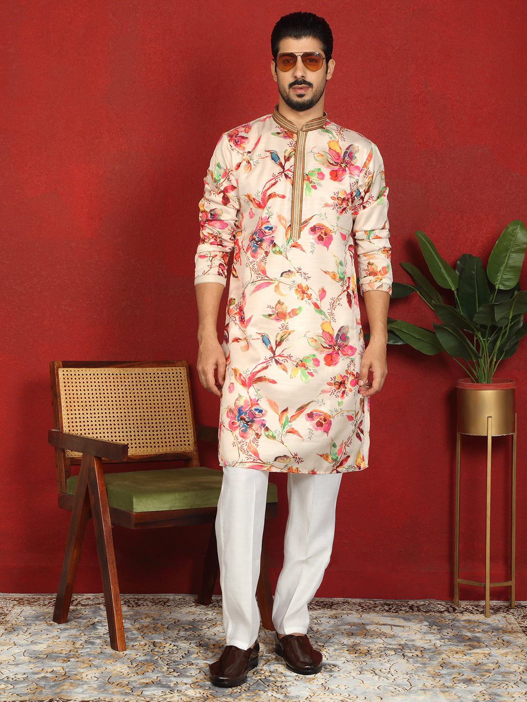 Men’s Cotton Silk Floral Printed Anchor Neck Work Kurta