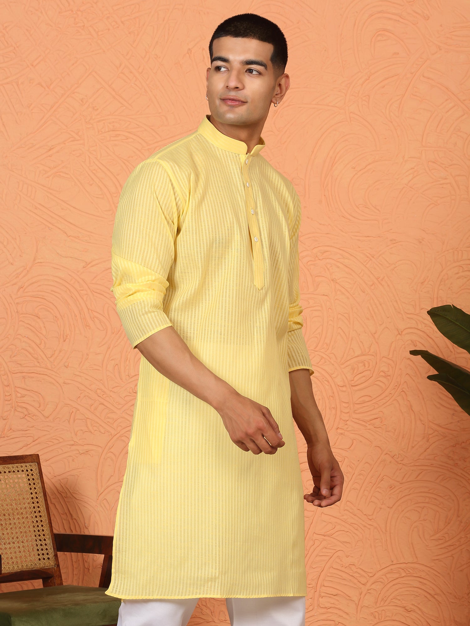 Men's Striped Design Pure Cotton Long Kurta with Pyjamas