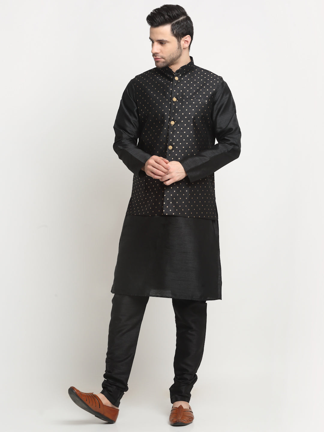KRAFT INDIA Men's Silk Black Kurta Churidar with Polka Dotted Nehru Jacket Set