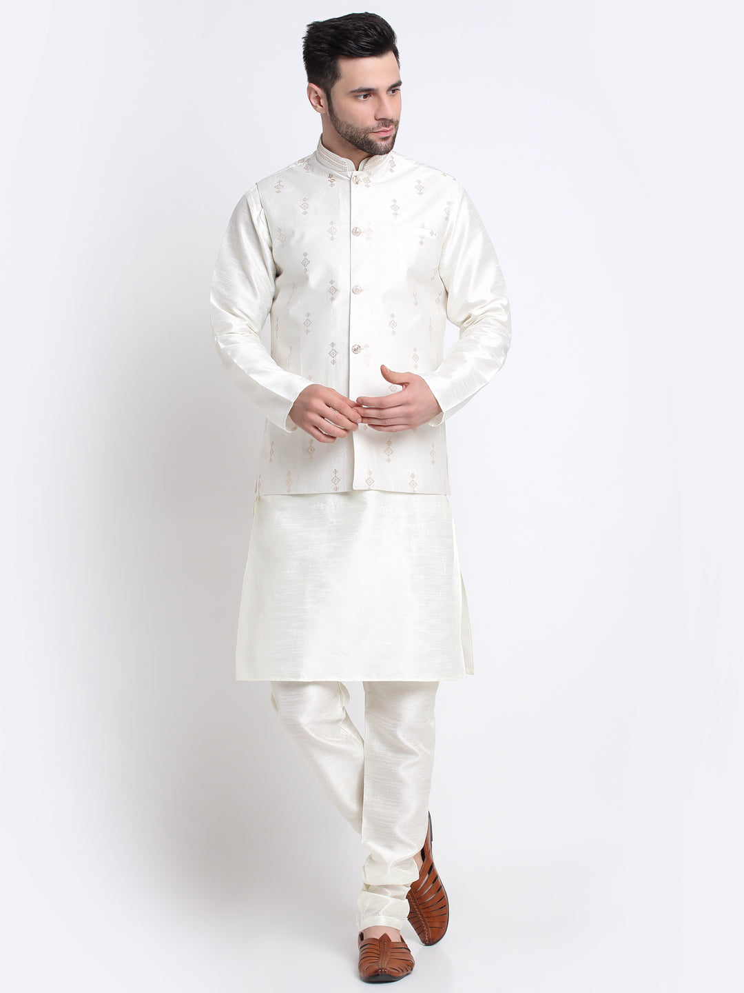 KRAFT INDIA Men Cream Silk Kurta & Churidar With Sequenced Nehru Jacket