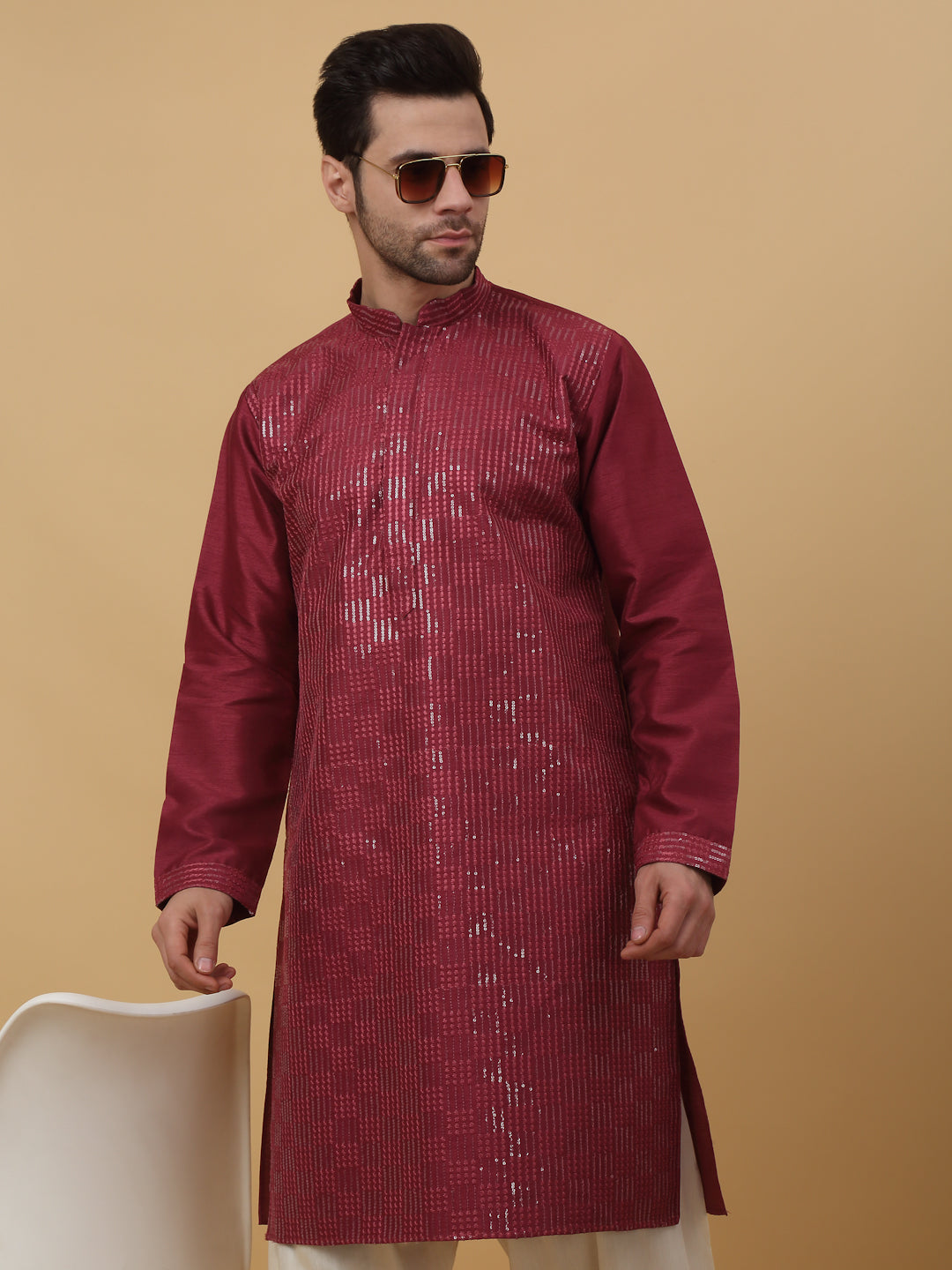KRAFT INDIA Men's Cotton Silk Sequenced Embroidered Kurta Only