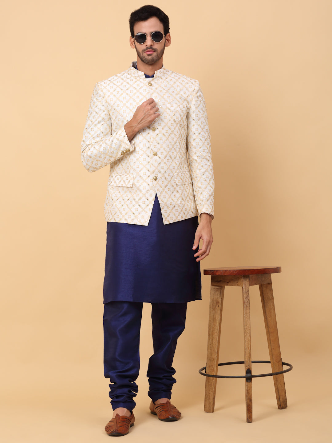 KRAFT INDIA Men's Silk Navy Blue Kurta Churidar With Embroidered Zari Bandhgala Suit/Coat