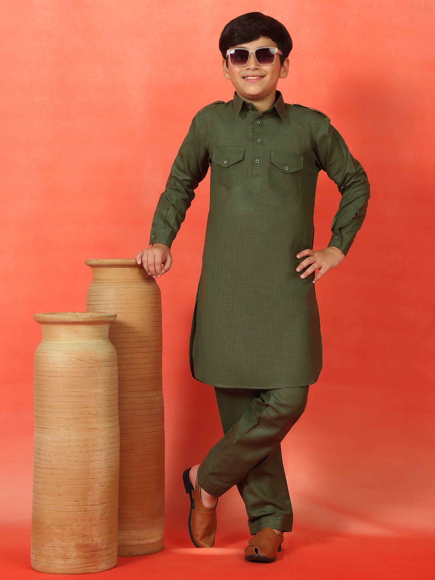 Premium Solid Cotton Blend Straight Pathani Set for Kid's