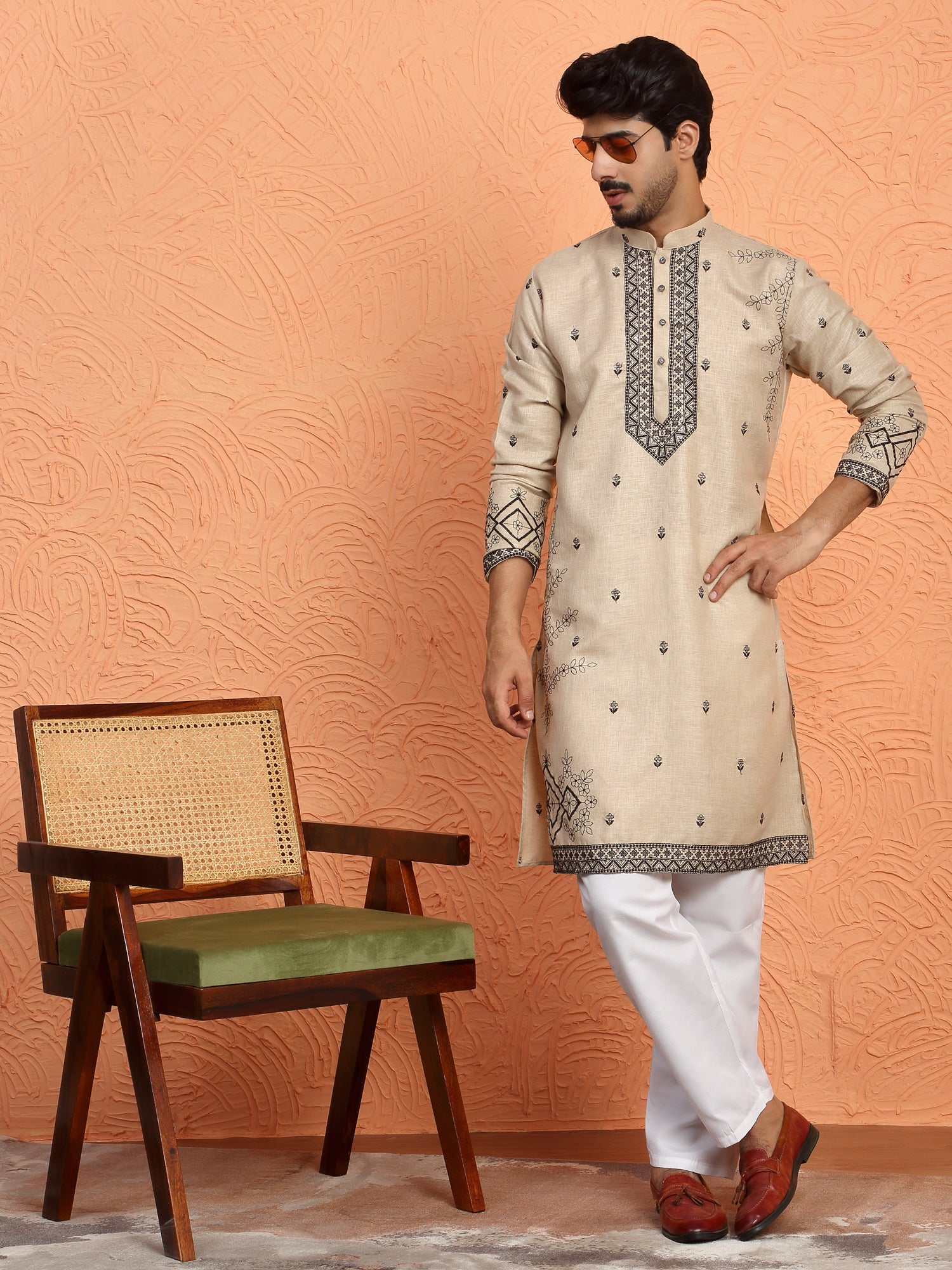 LUXE-Men's Cotton Yoke Design Placement Embroidered Kurta Trouser Set