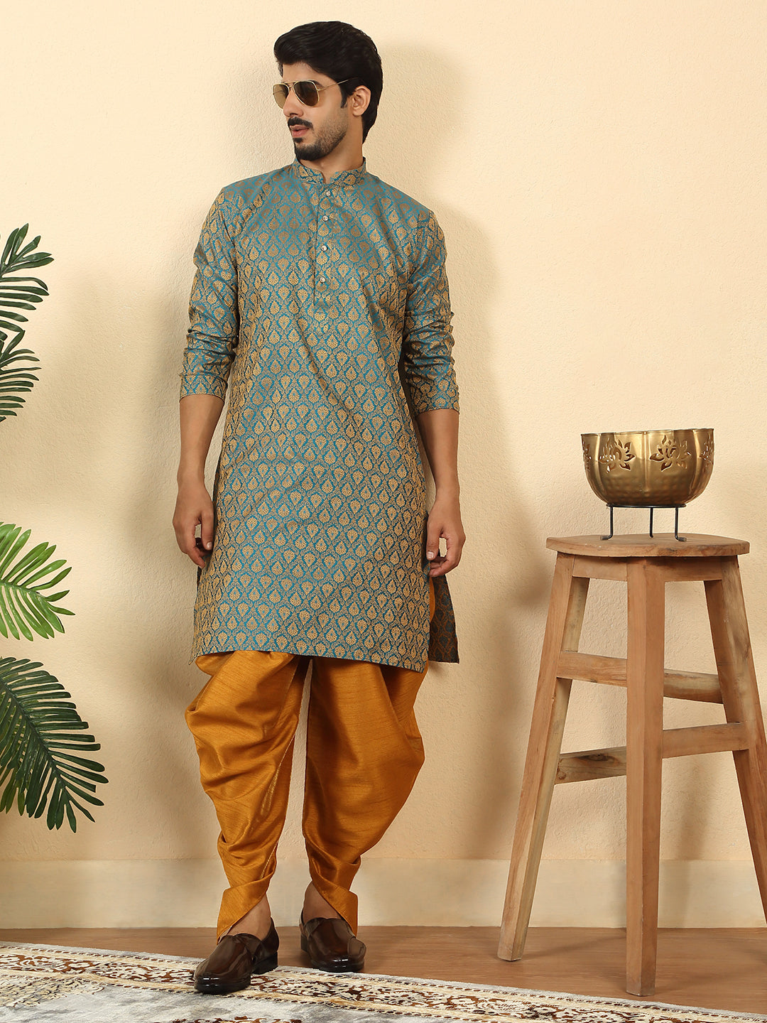 Silk Blend Jacquard Paisley Kurta With Mustard Elastic Waistband Dhoti Set