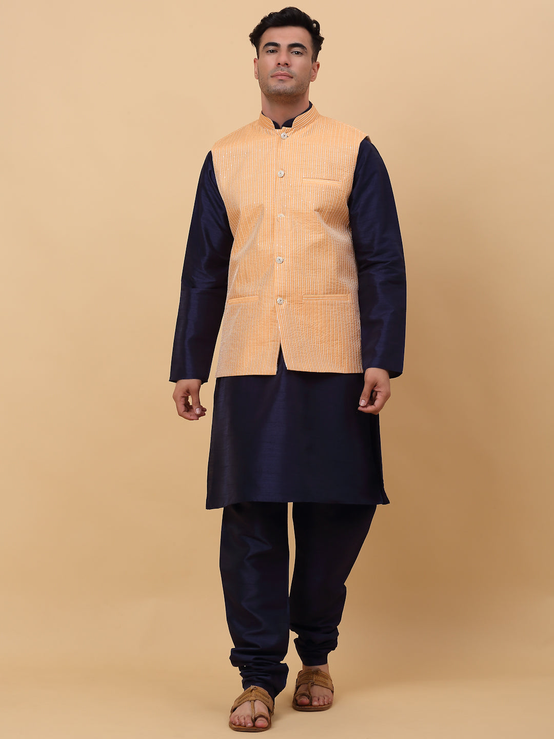 Men Navy Blue Silk Blend Kurta, Churidar With SIlk Striped Nehru Jacket