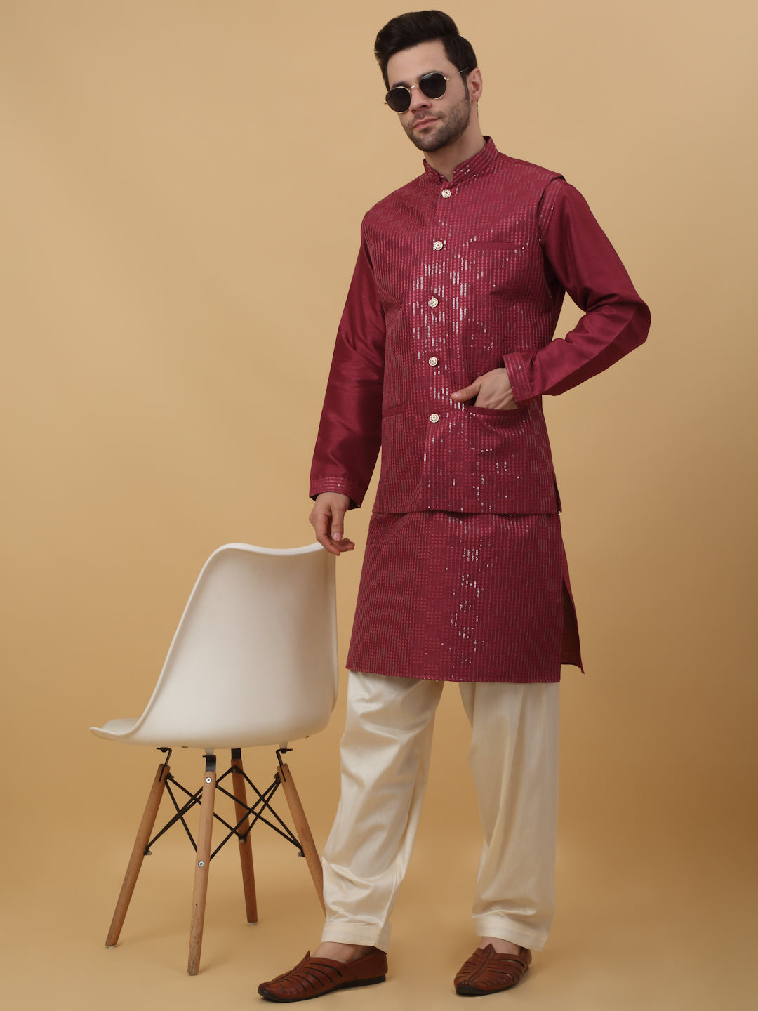 KRAFT INDIA Men's Cotton Silk Sequenced Embroided Kurta and Beige Salwar with Cotton Silk Embroided Sequenced Nehru Jacket Set