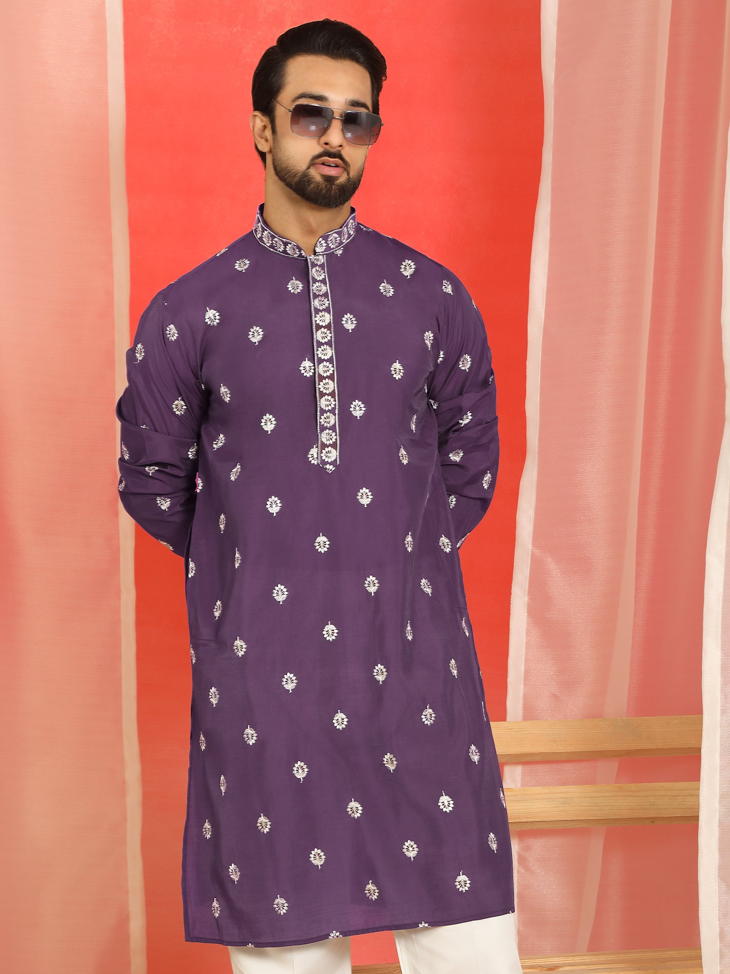 Men Cotton Silk Floral Embroidered Kurta