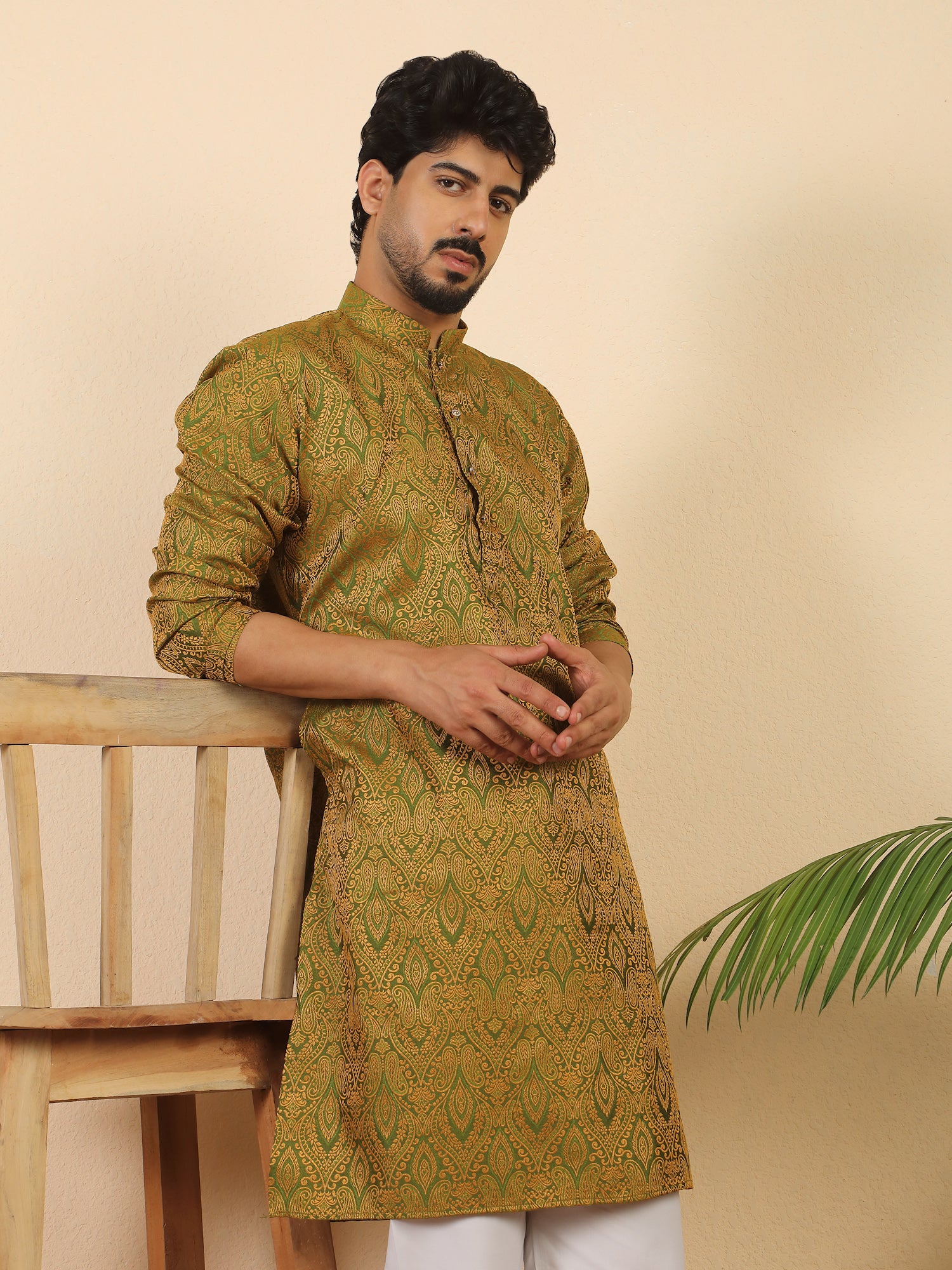 Men's Premium Jacquard fabric Paisley Designed Beige Long Kurta