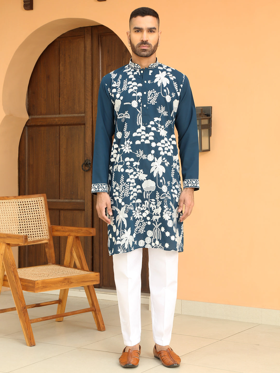 LUXE- Heavy White Embroidered Work Ethnic Motifs Georgette Kurta with White Trouser Pant