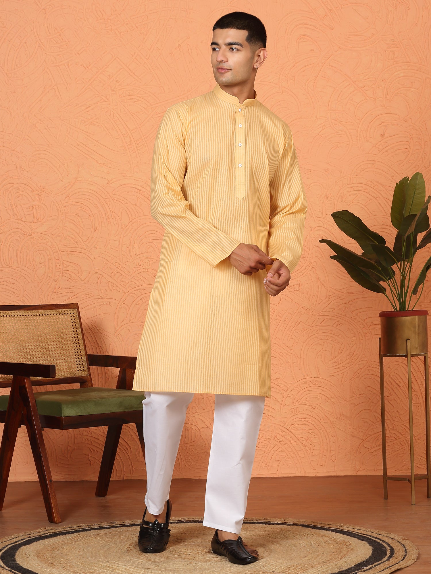 Men's Striped Design Pure Cotton Long Kurta with Pyjamas