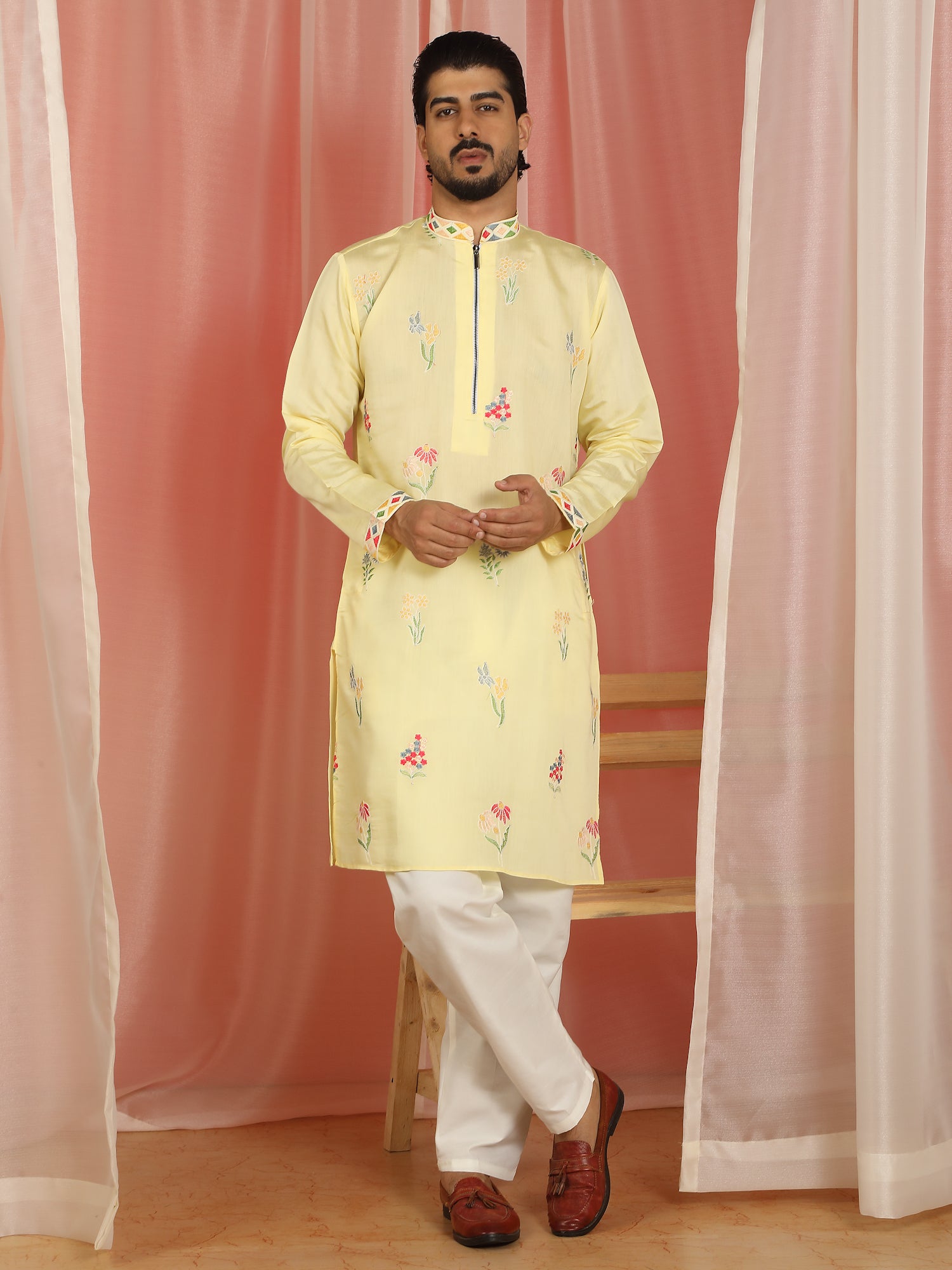 Men Cotton Silk Floral Embroidered Zip Closure Kurta