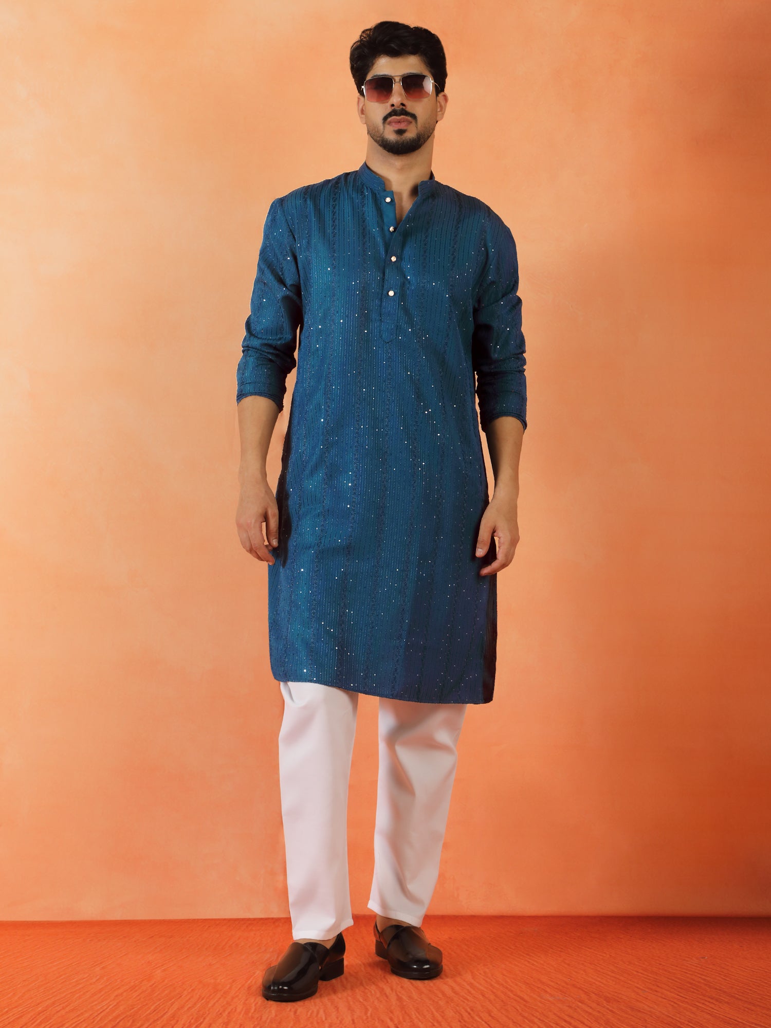 Men's Embroidered Thread Work Designed Cotton Silk Straight Kurta With Pyjama Set