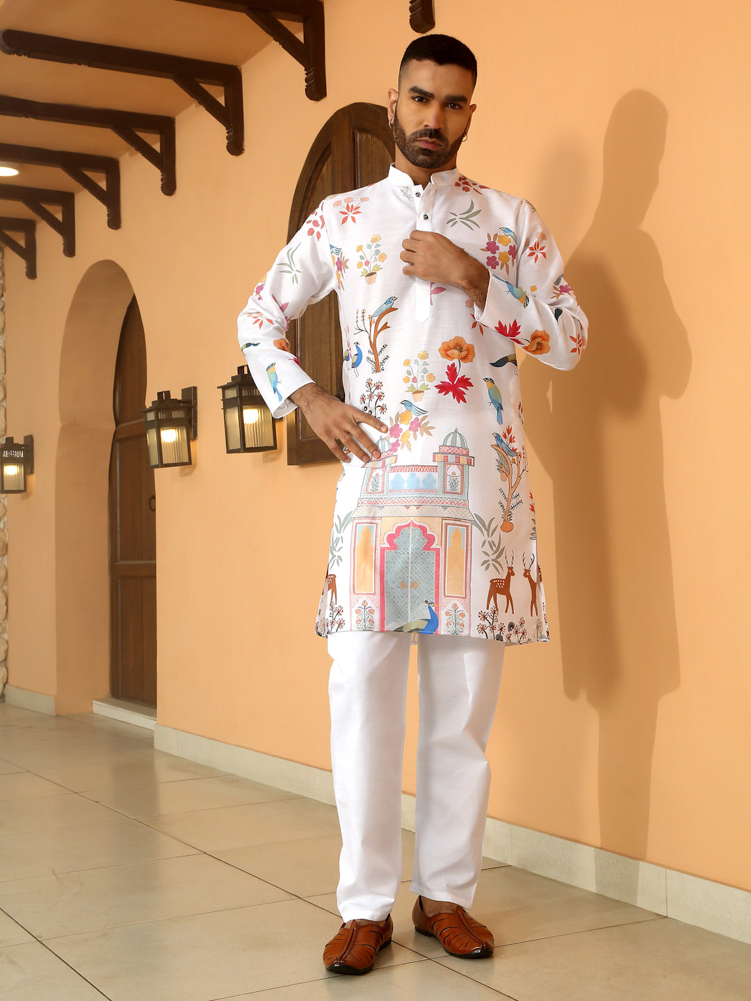 Animal Print Cotton Straight Beige Kurta With White Elastic Waistband Pyjama Set