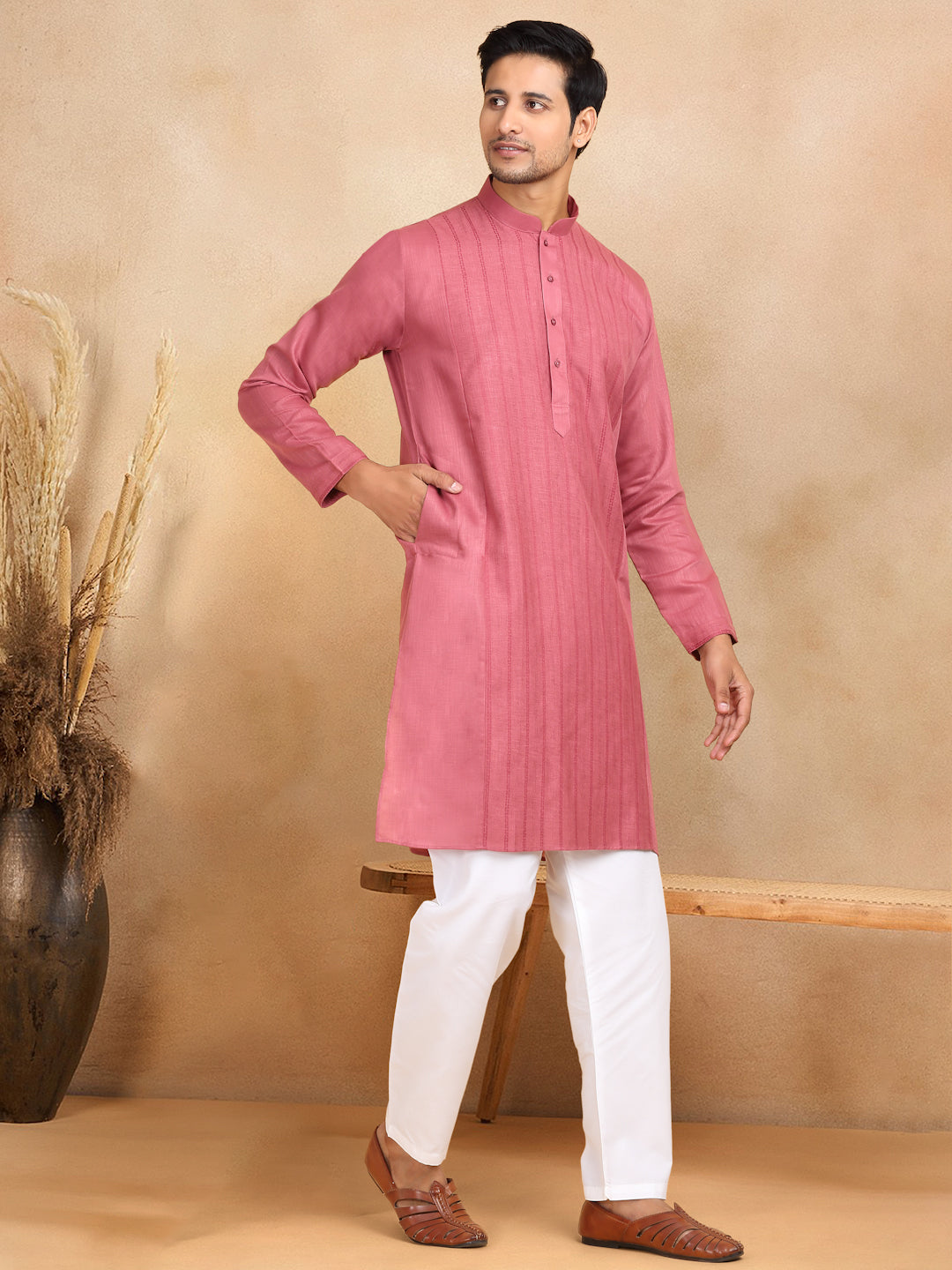 KRAFT INDIA Men's Regular Cotton Striped Mandarin Collar Long Sleeve Kurta Pyjama Set