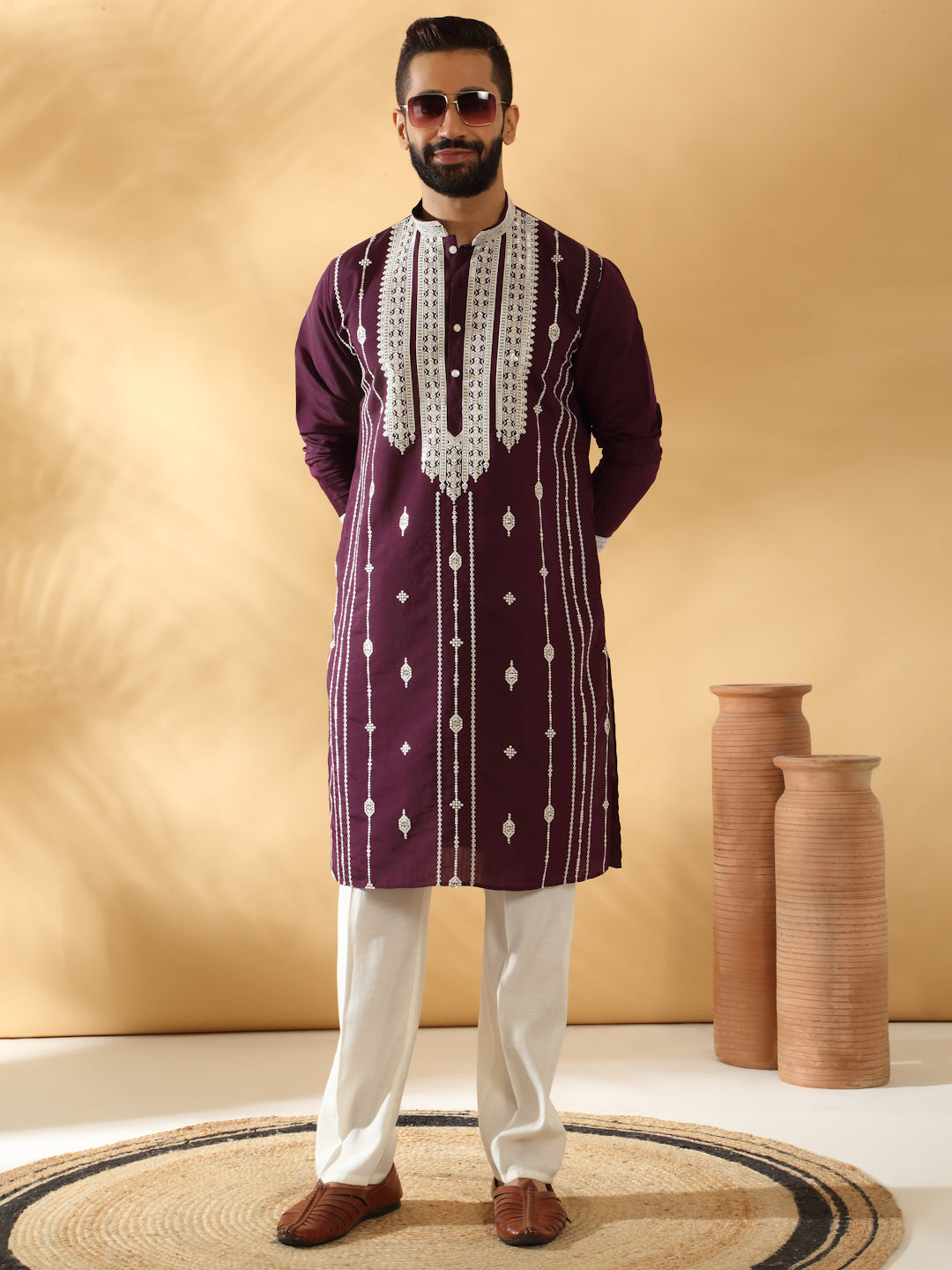 LUXE- Cotton Silk Beads Work Zari Embroidered Sequin Kurta With Cotton Silk Trouser Pant set