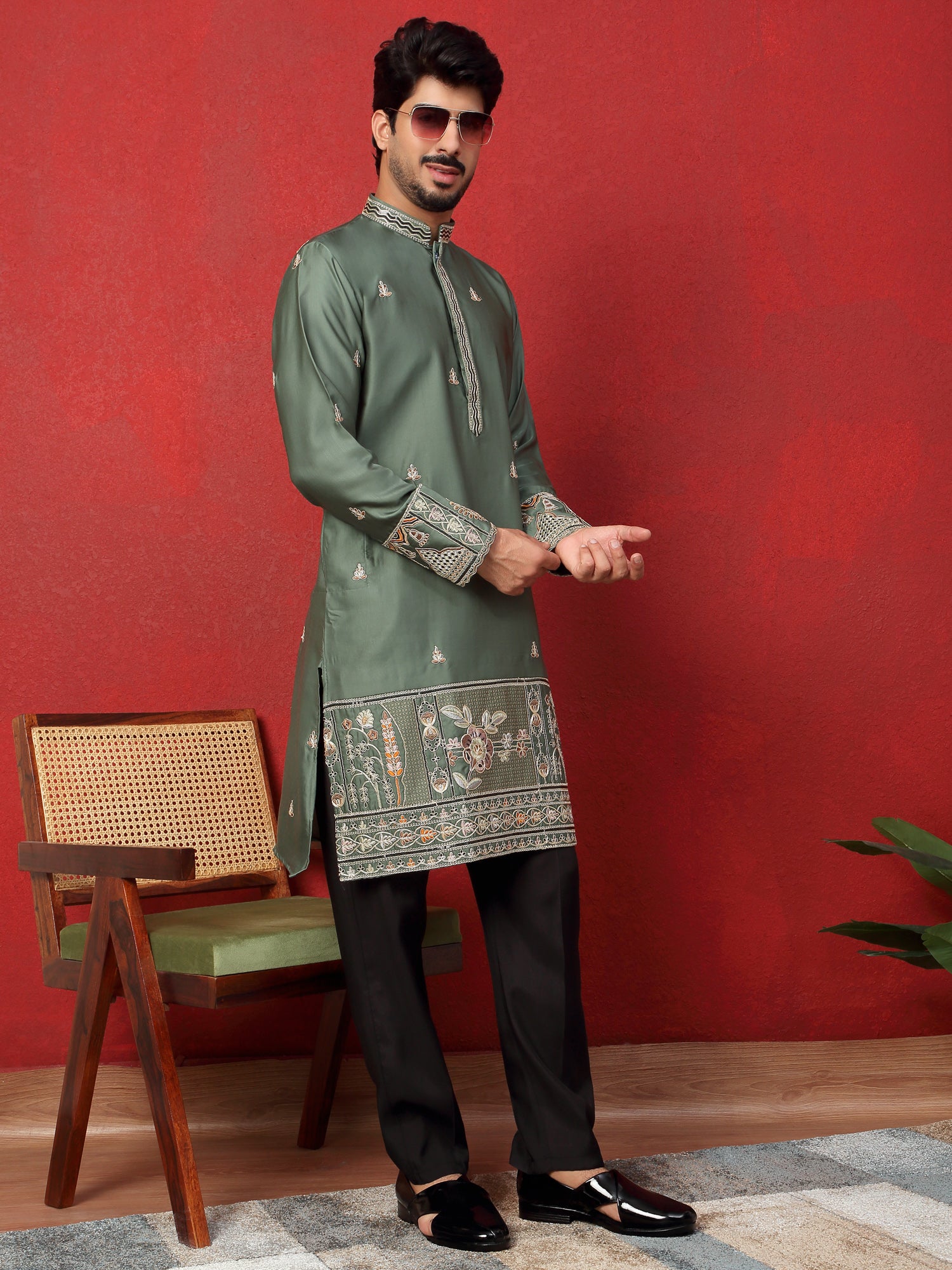 LUXE-Men's Cotton Silk Floral Daman Embroidered Kurta Trouser Pant Set
