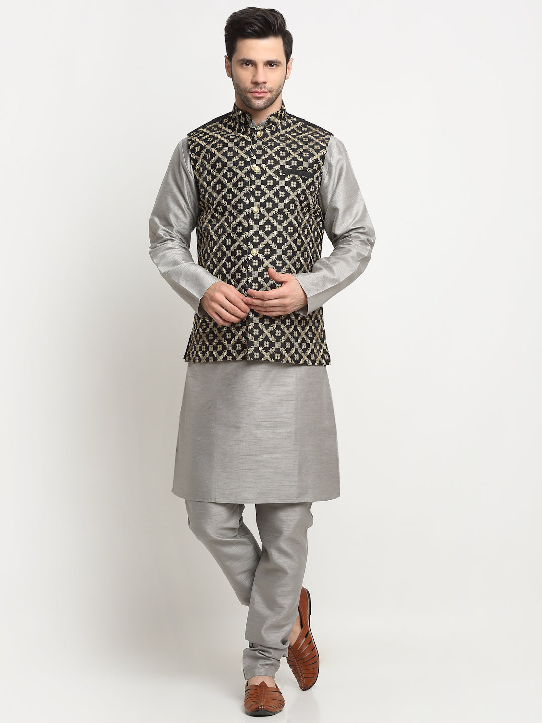 Men's Silk Silver Kurta Churidar with Embroidered Nehru Jacket Set