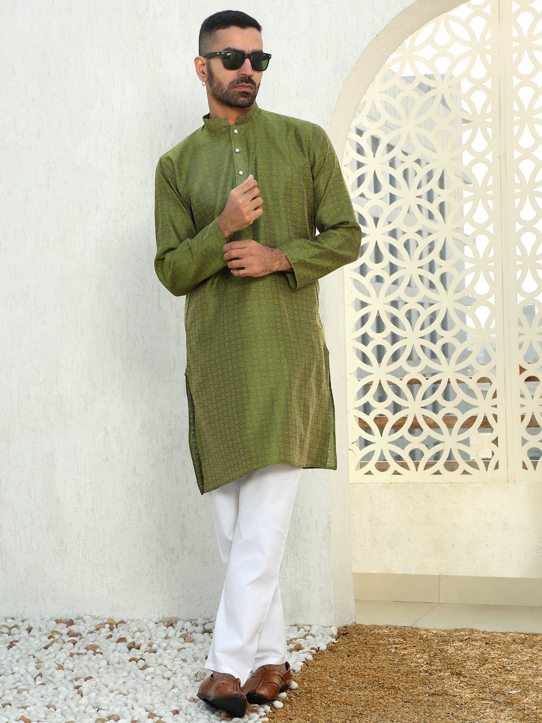 Silk Jacquard Kurta With White Elastic Waistband Pyjama set