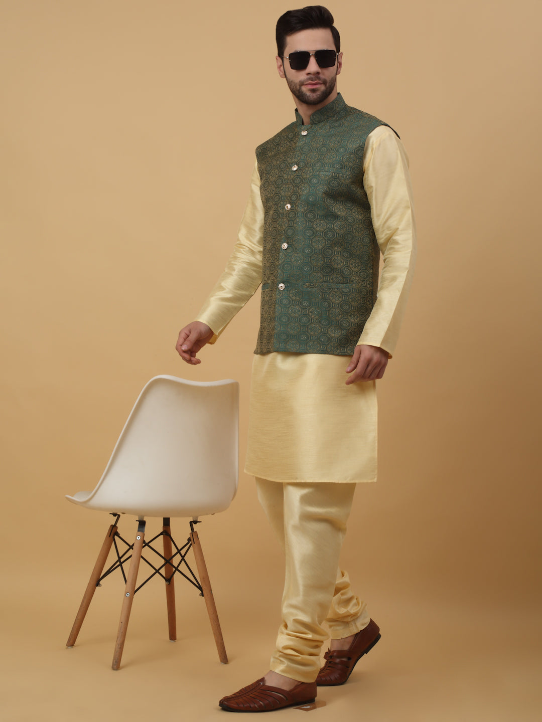 KRAFT INDIA Men's Silk Blend Beige Kurta, Churidar with Jacquard Bandhani Silk Blend Nehru Jacket Set