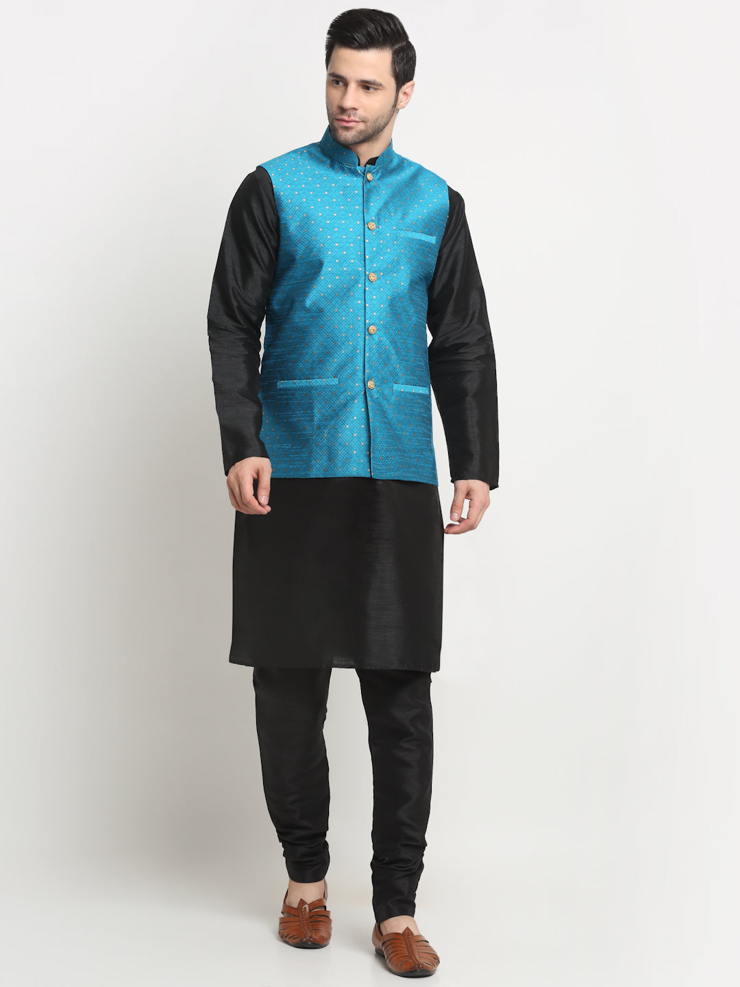 KRAFT INDIA Men's Silk Black Kurta Churidar with Polka Dotted Nehru Jacket Set