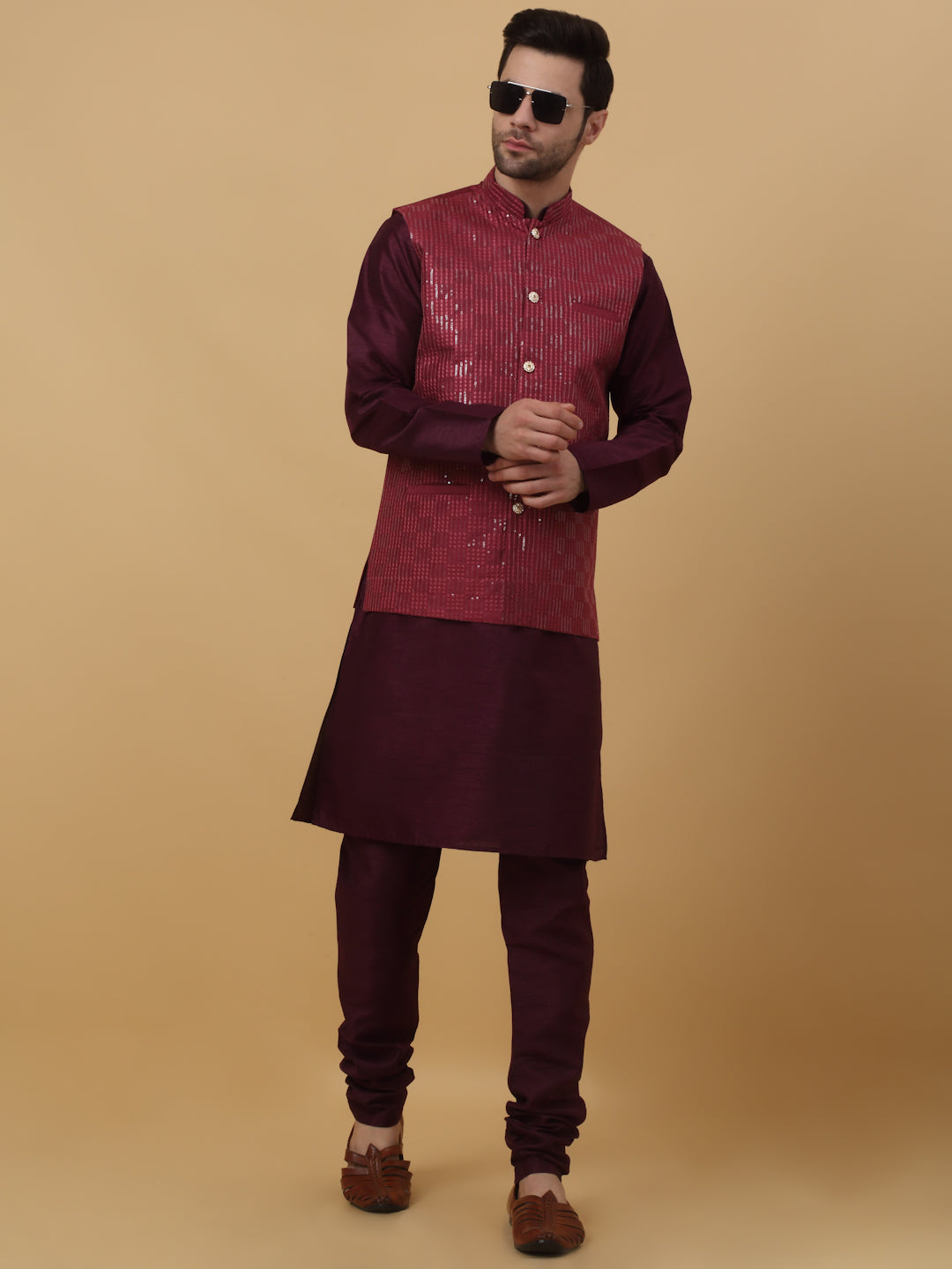 KRAFT INDIA Men's Silk Blend Kurta, Churidar With Cotton Silk Sequenced Embroided Maroon Nehru Jacket set